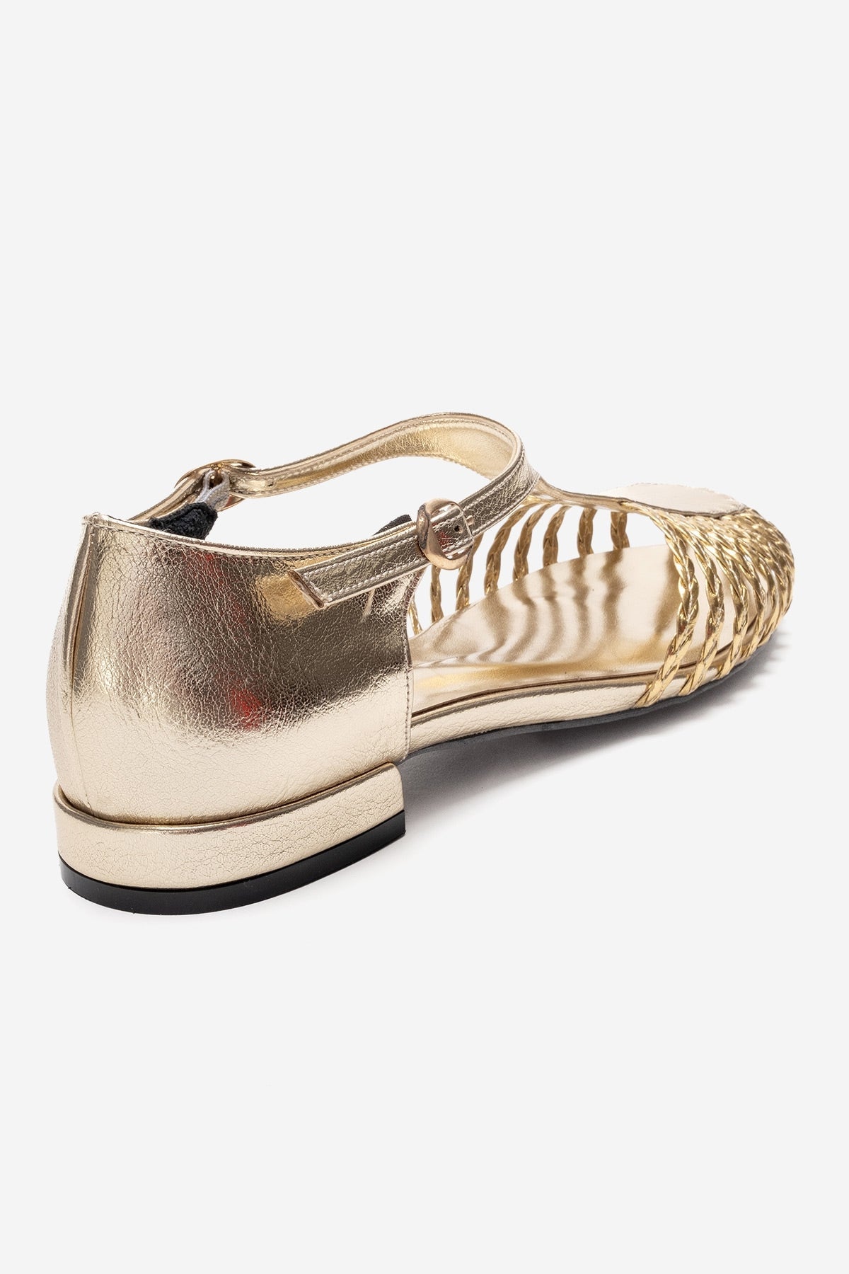ONOS - Gold Woven Detail Sandal – back view showing leather, metallic, gold, Vowalisse