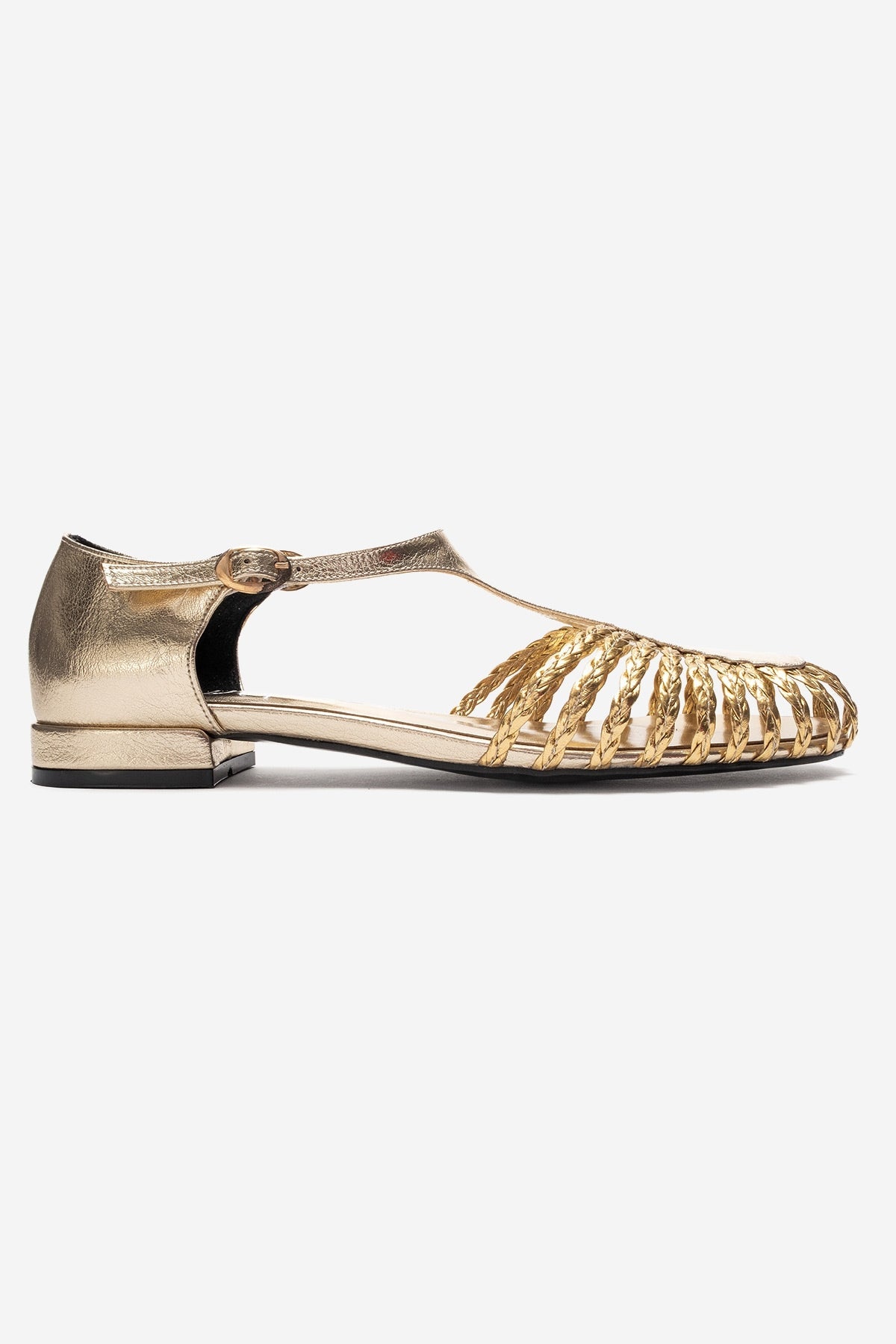 ONOS - Gold Woven Detail Sandal – top view showing leather, metallic, gold, Vowalisse