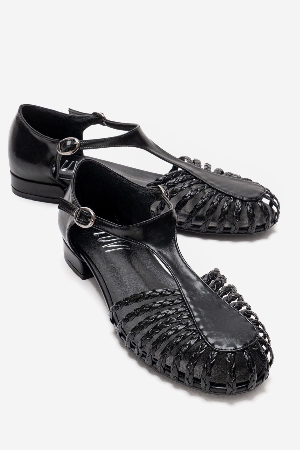 ONOS - Black Woven Detail Sandal – front three-quarter view showing leather, black, Vowalisse