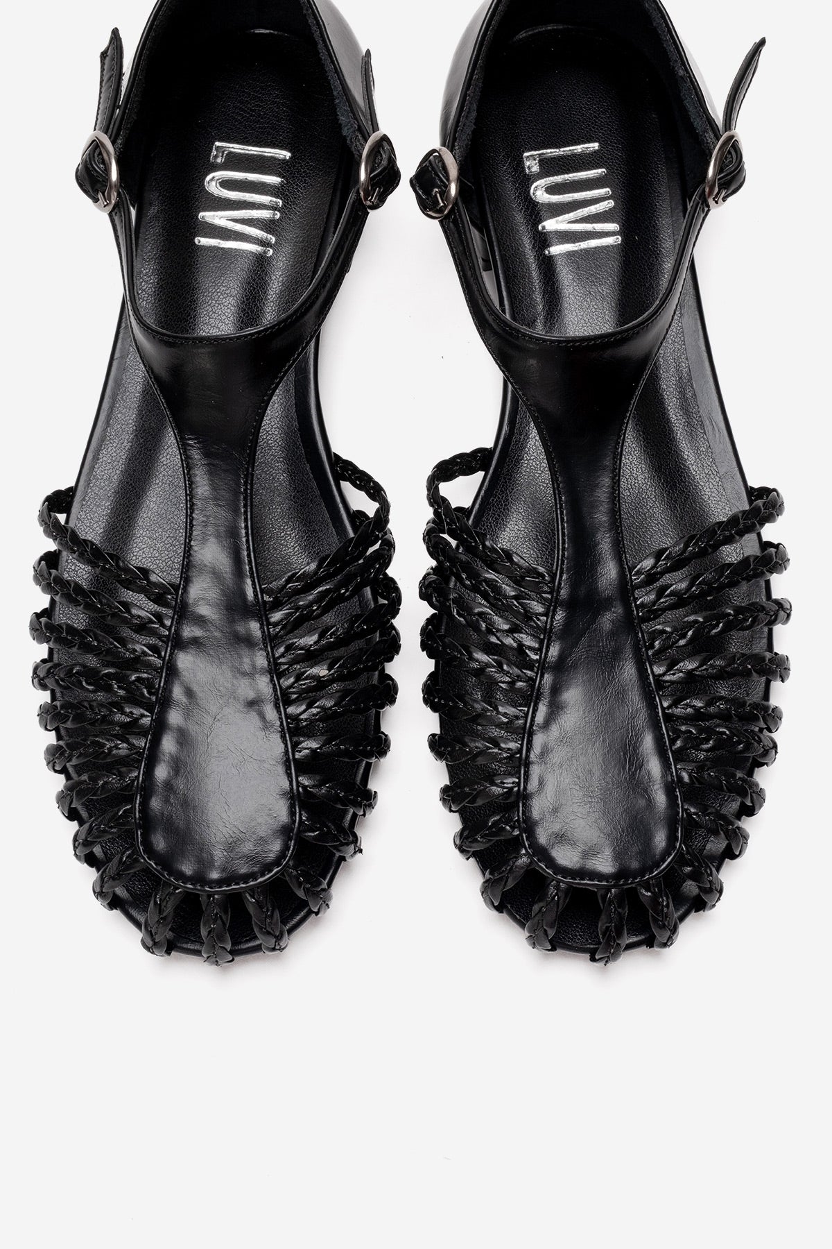 ONOS - Black Woven Detail Sandal – side view showing leather, black, Vowalisse