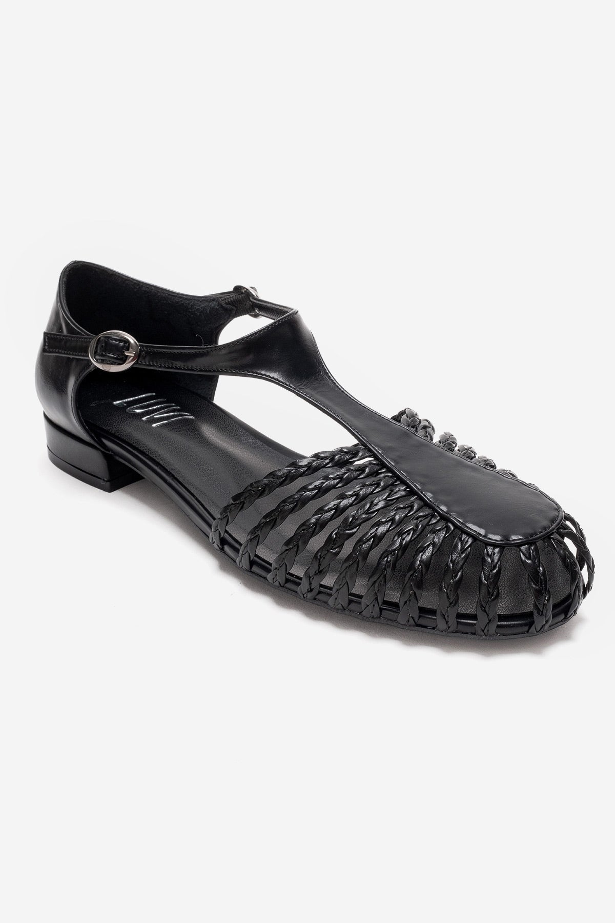 ONOS - Black Woven Detail Sandal – detail view showing leather, black, Vowalisse