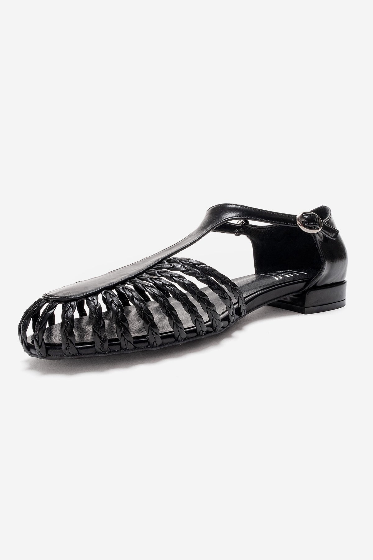 ONOS - Black Woven Detail Sandal – heel view showing leather, black, Vowalisse