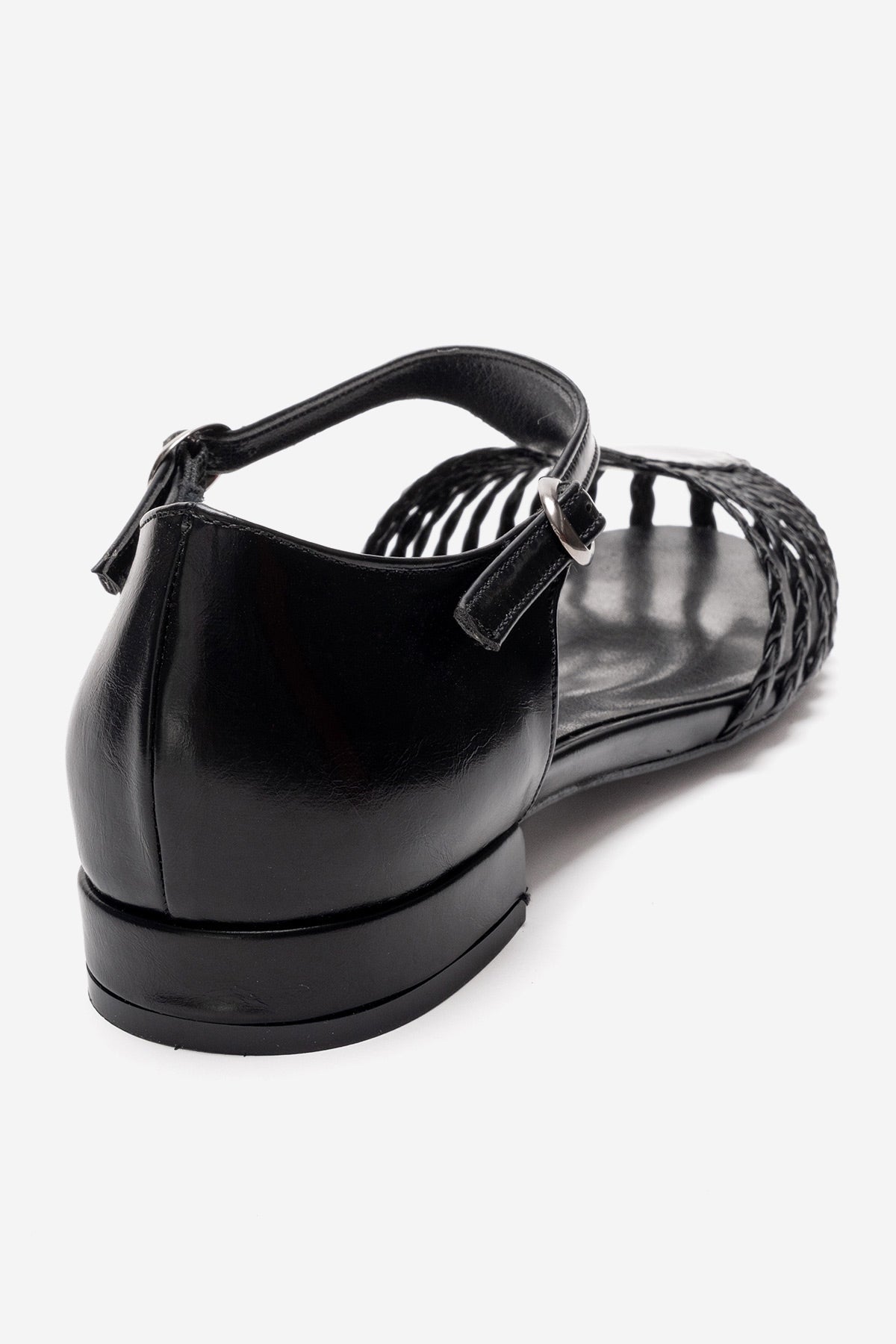 ONOS - Black Woven Detail Sandal – back view showing leather, black, Vowalisse