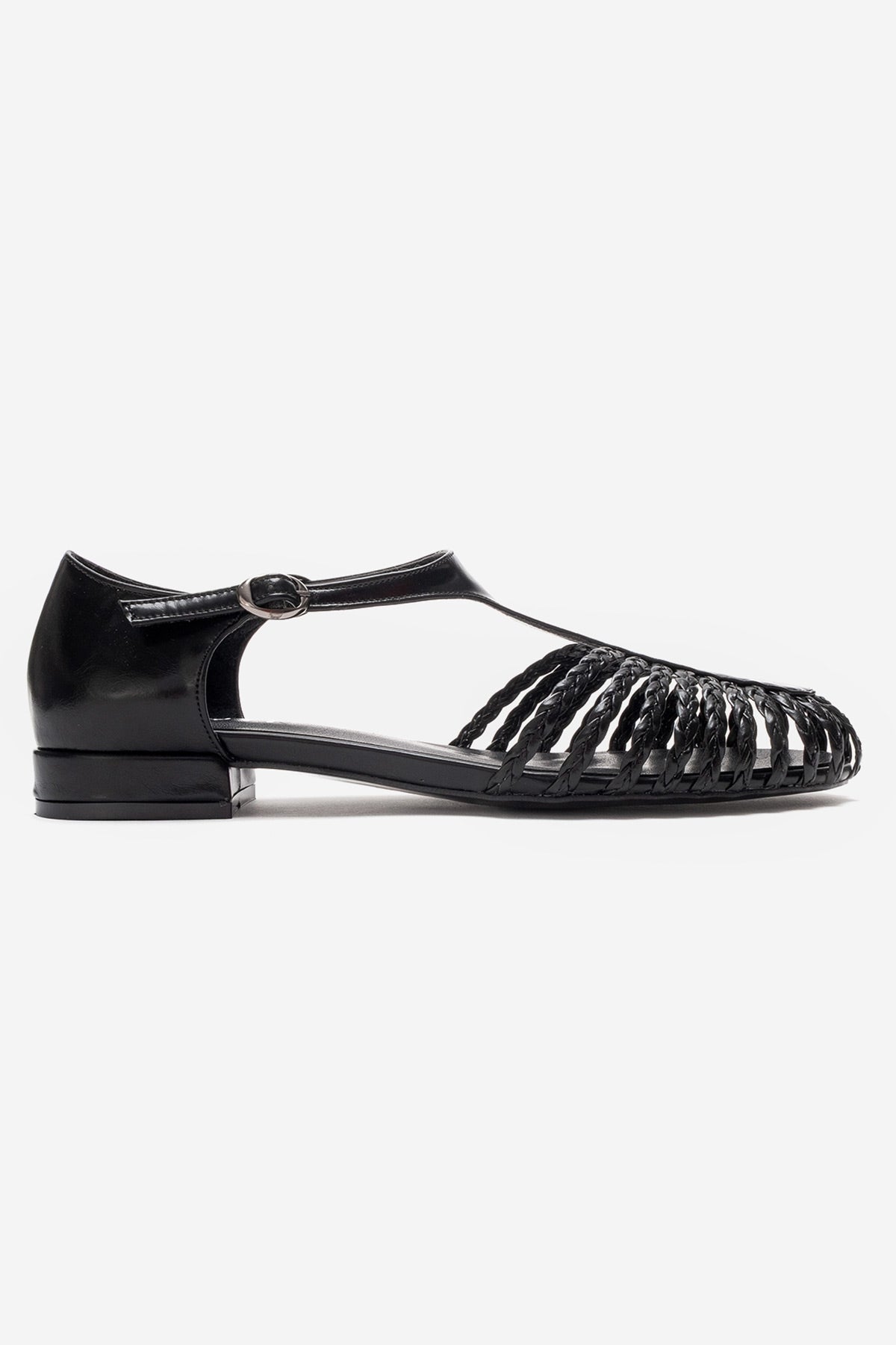 ONOS - Black Woven Detail Sandal – top view showing leather, black, Vowalisse