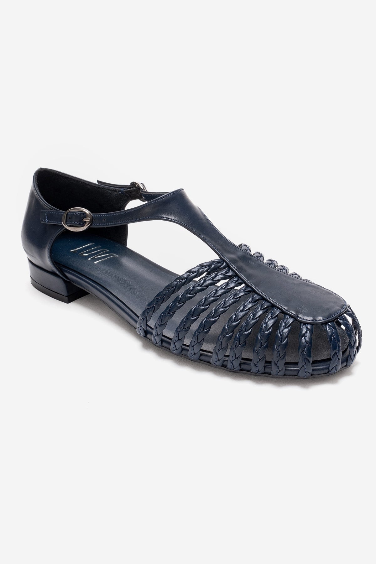 ONOS - Navy Woven Detail Sandal – detail view showing leather, Vowalisse
