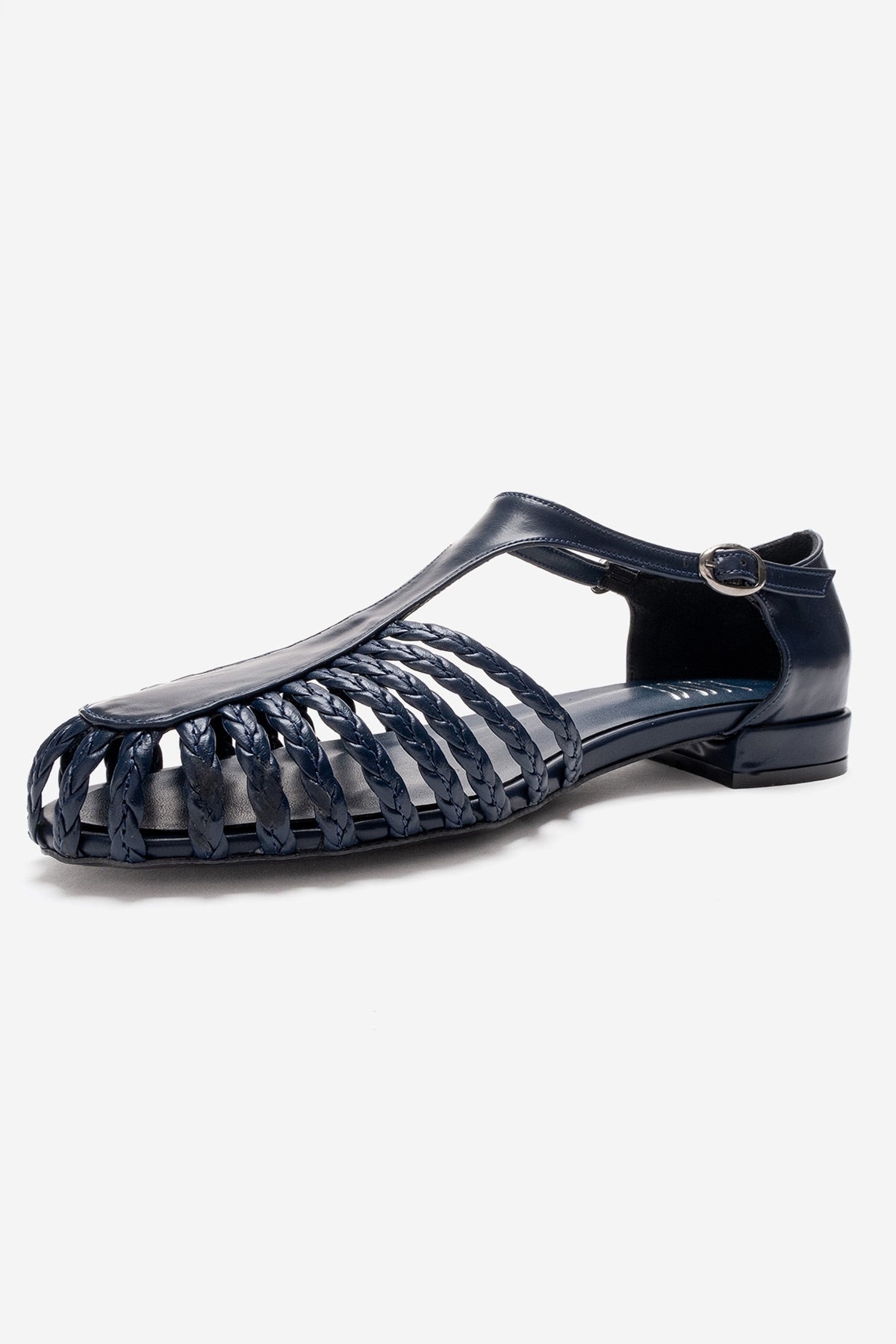 ONOS - Navy Woven Detail Sandal – heel view showing leather, Vowalisse