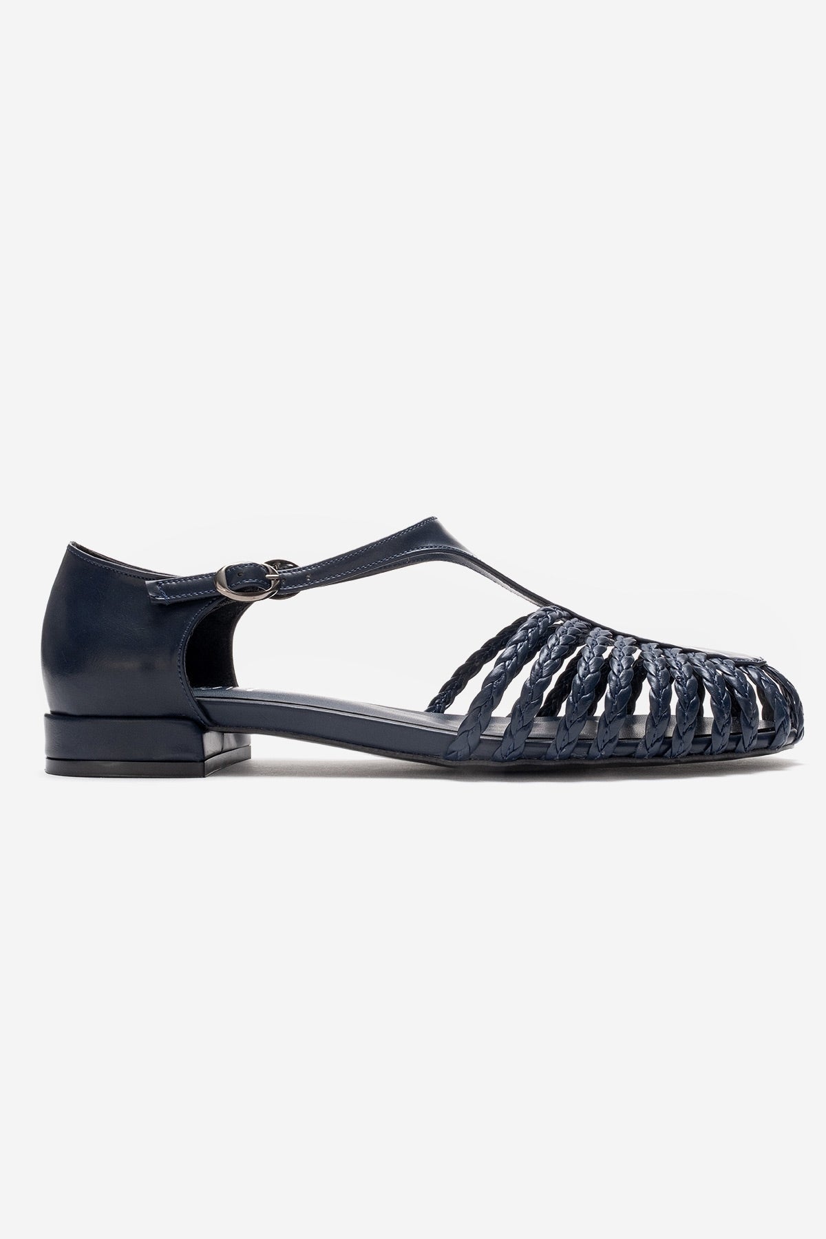 ONOS - Navy Woven Detail Sandal – top view showing leather, Vowalisse