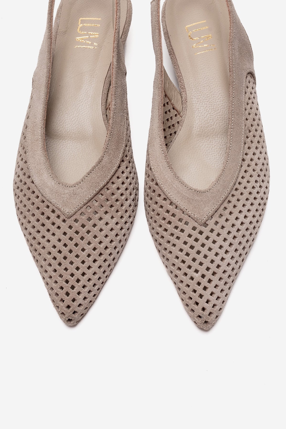 LIEVE - Beige Genuine Leather Low Block Heel Slingback – side view showing leather, suede, Vowalisse
