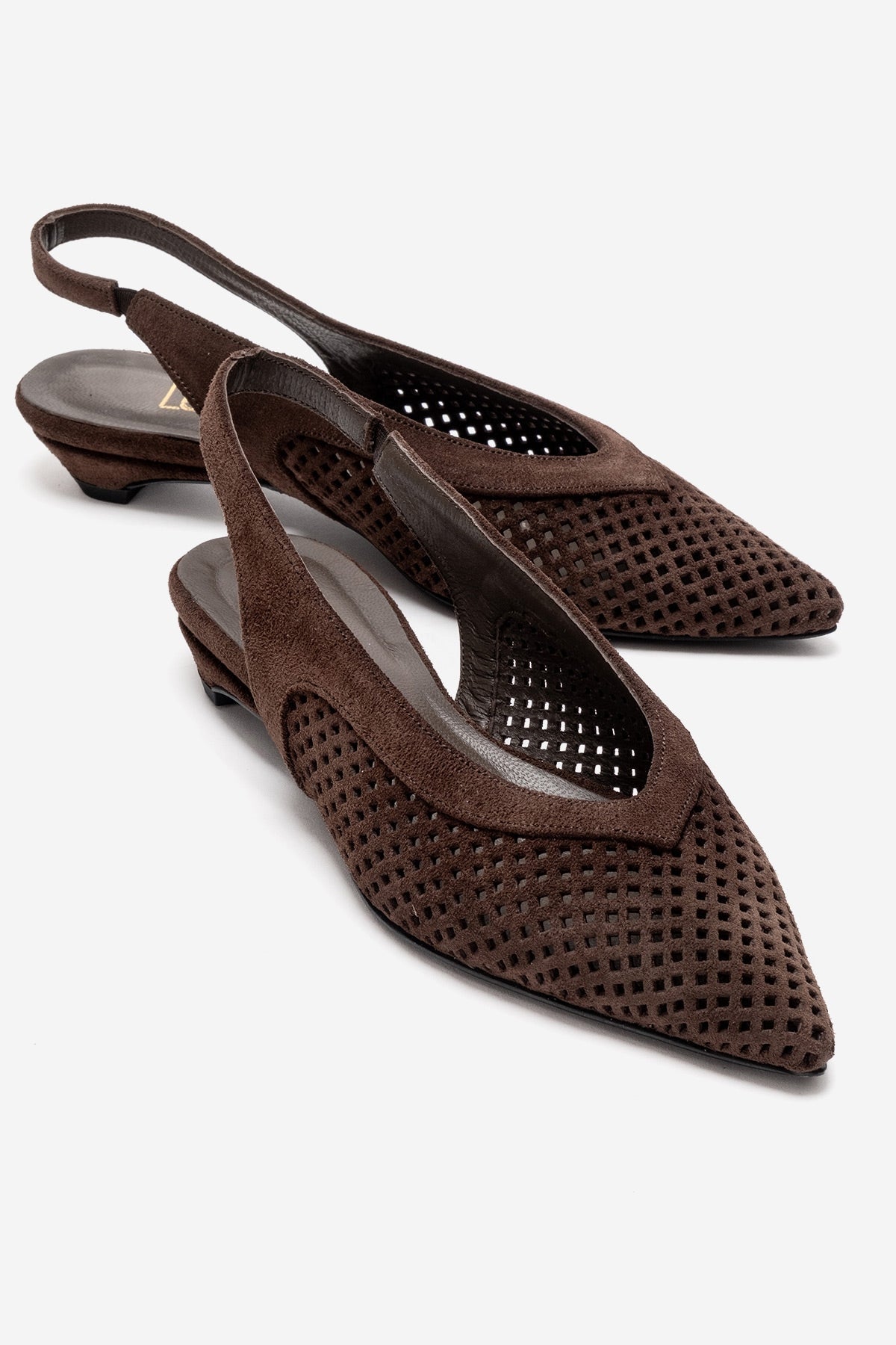 LIEVE - Brown Genuine Leather Low Block Heel Slingback – front three-quarter view showing leather, suede, Vowalisse