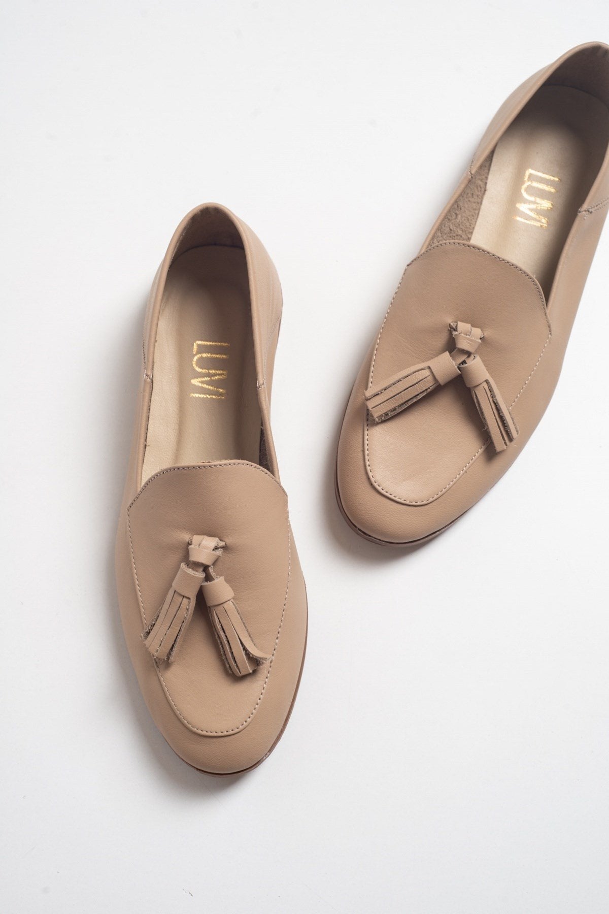 Mona - Cream Beige Soft Leather Tassel Loafers – front three-quarter view showing leather, suede, red, Vowalisse