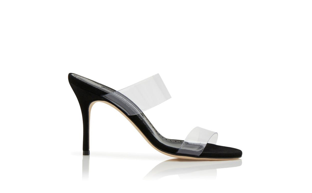 Delphine Lace Black Open Toe Mules – side profile showing black open toe, suede, Vowalisse