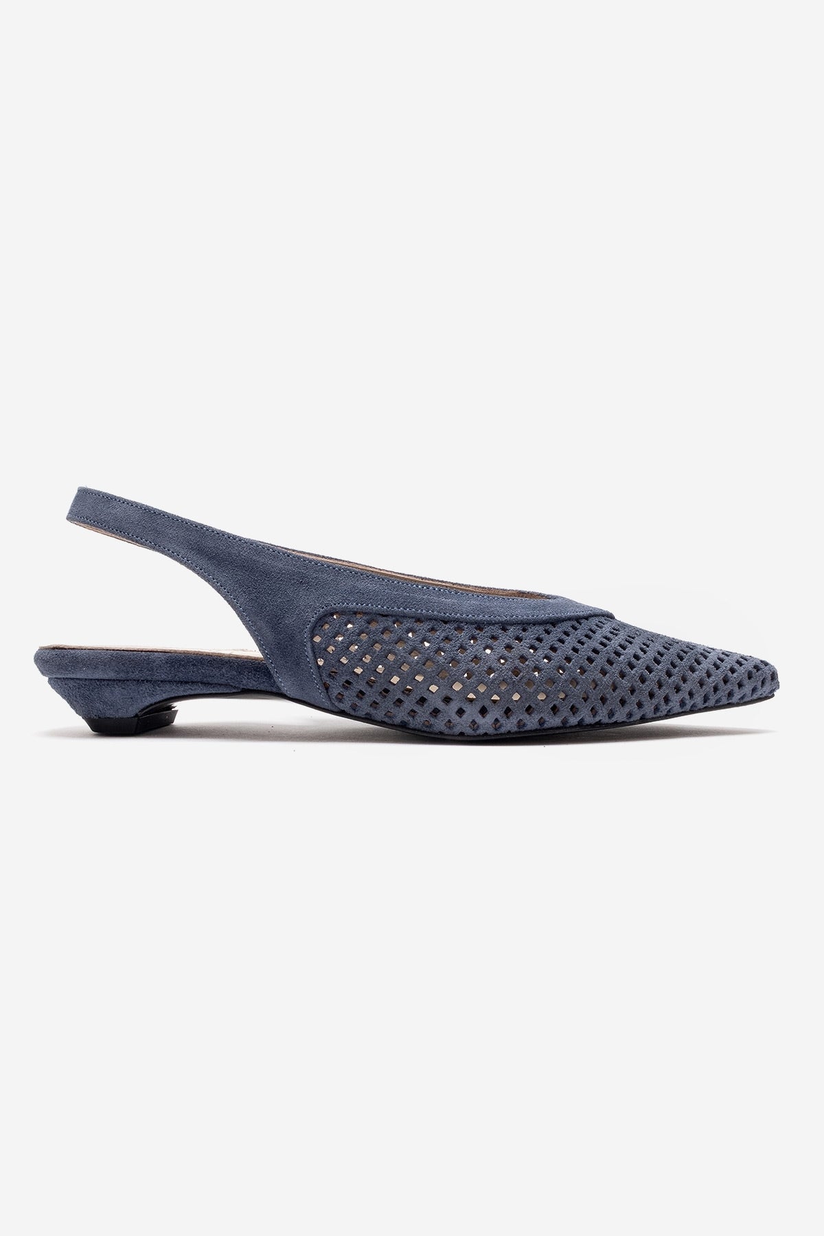 LIEVE - Denim Blue Genuine Leather Low Block Heel Shoe – detail view showing leather, suede, blue, Vowalisse