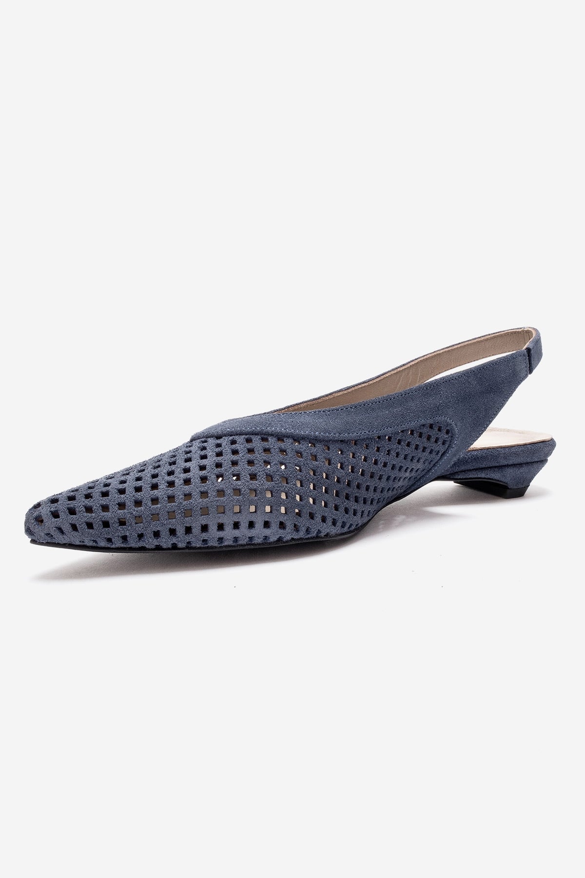 LIEVE - Denim Blue Genuine Leather Low Block Heel Shoe – top view showing leather, suede, blue, Vowalisse