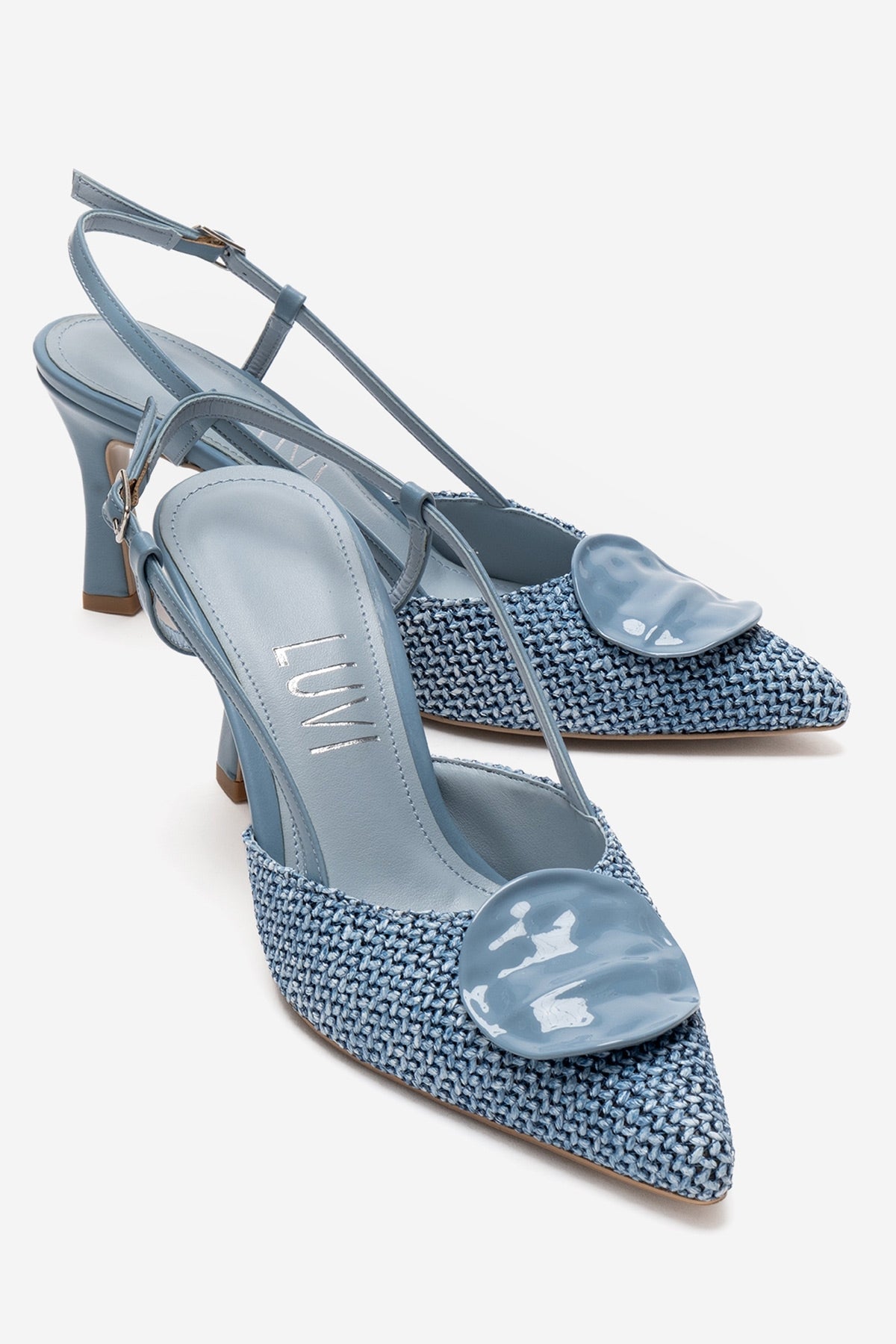 LEVIA - Blue Straw-Textured Accessory Stiletto Pump – front three-quarter view showing leather, blue, red, Vowalisse