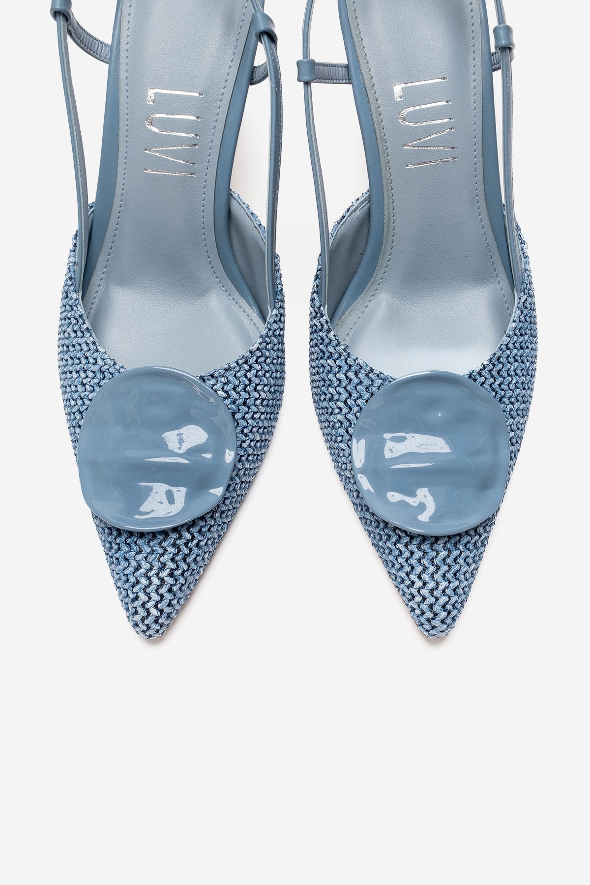 LEVIA - Blue Straw-Textured Accessory Stiletto Pump – side view showing leather, blue, red, Vowalisse