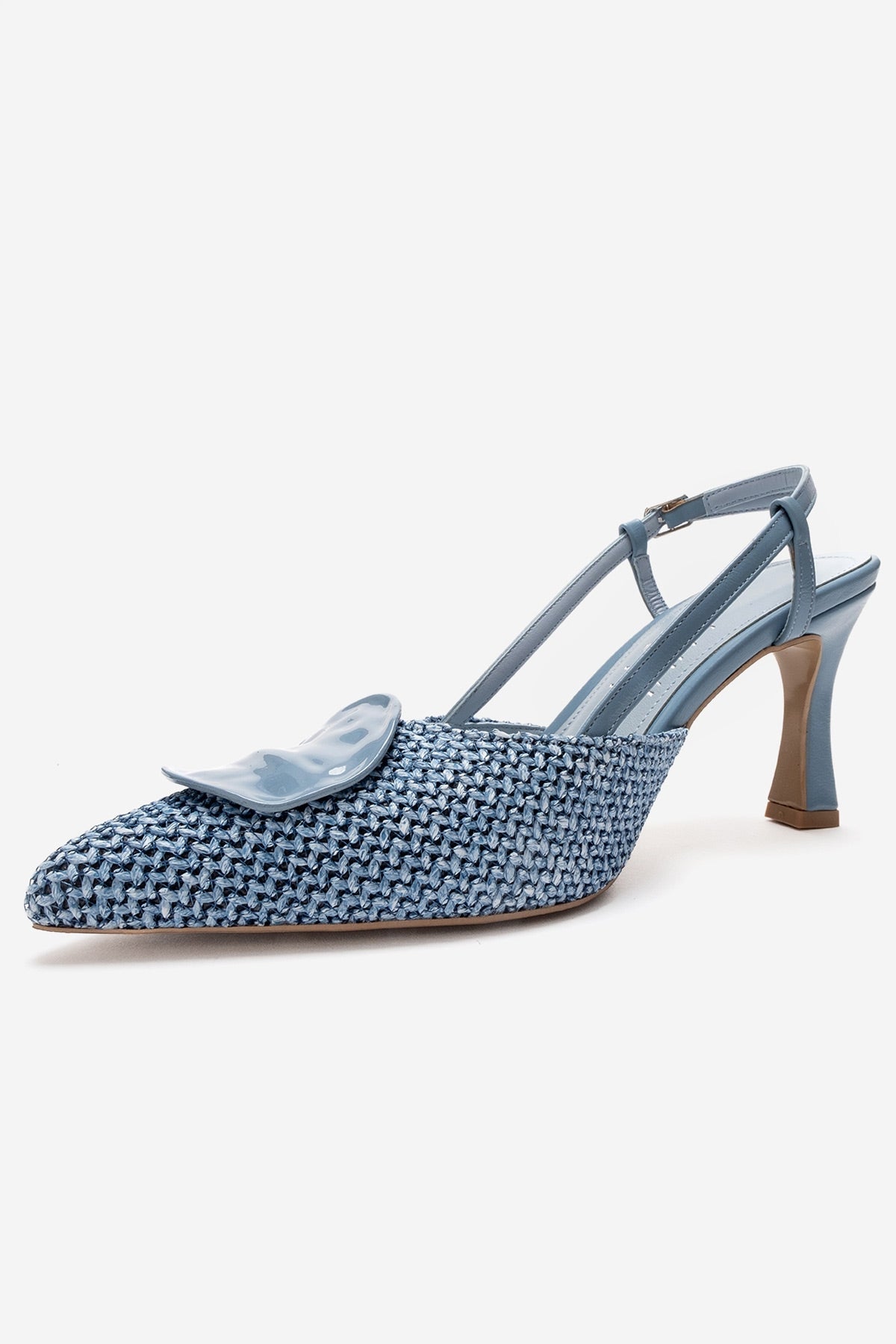 LEVIA - Blue Straw-Textured Accessory Stiletto Pump – heel view showing leather, blue, red, Vowalisse