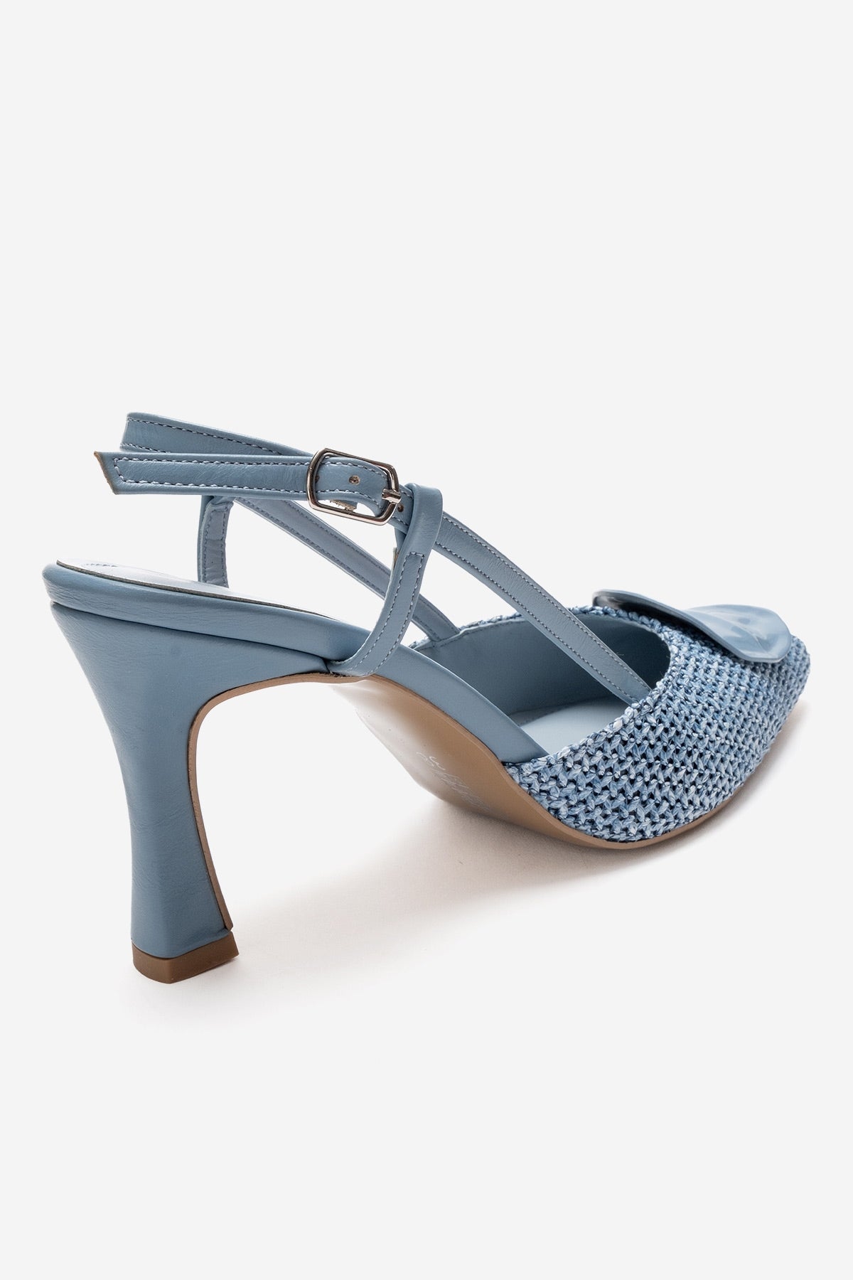 LEVIA - Blue Straw-Textured Accessory Stiletto Pump – back view showing leather, blue, red, Vowalisse