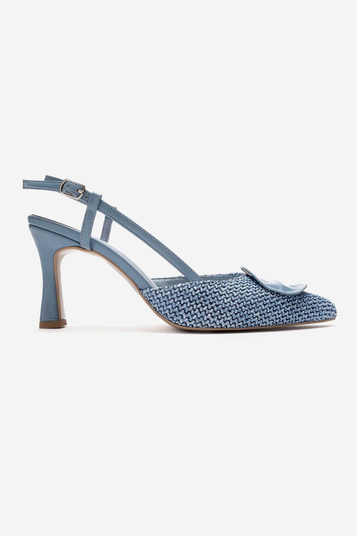 LEVIA - Blue Straw-Textured Accessory Stiletto Pump – top view showing leather, blue, red, Vowalisse