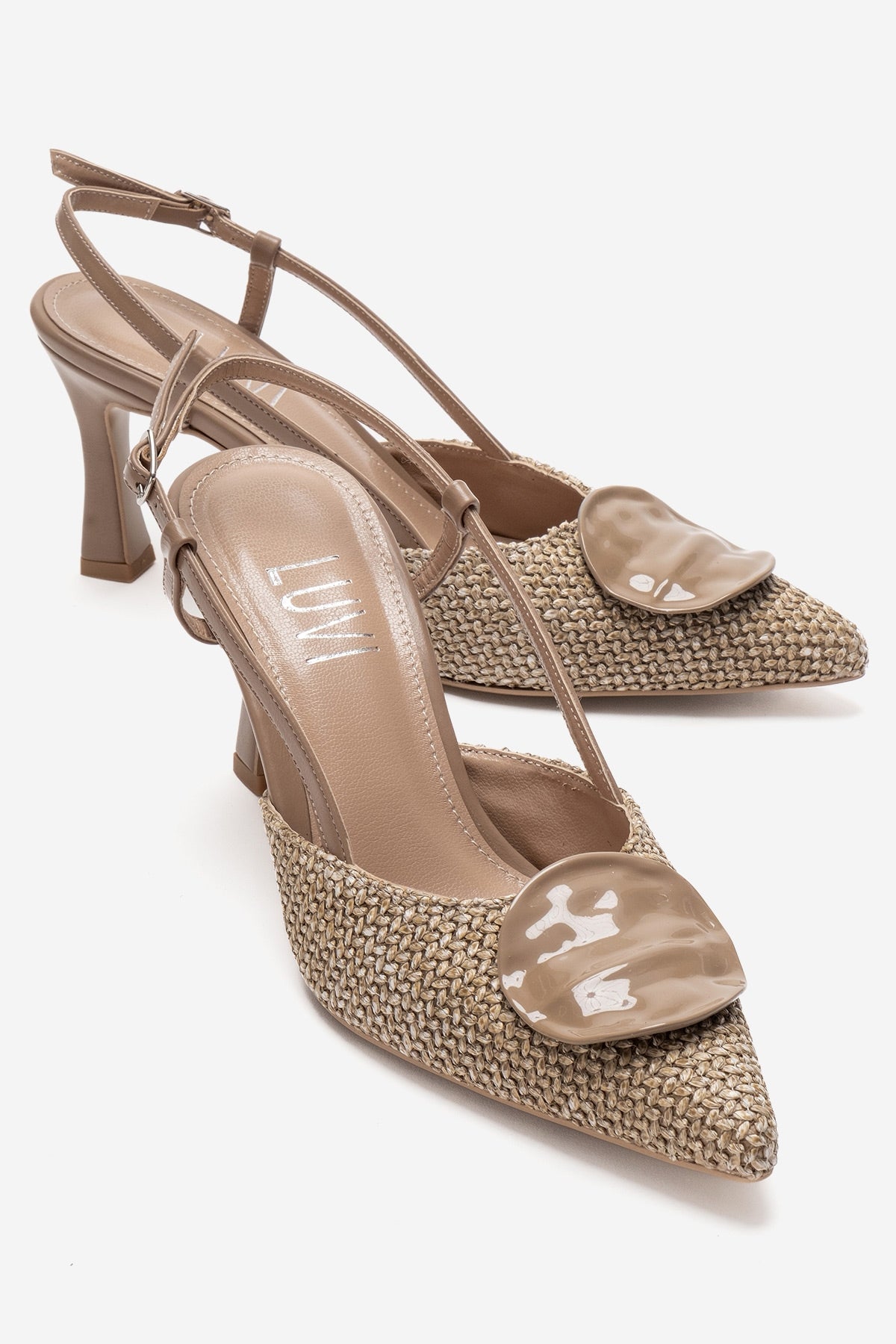 Levia - Taupe Woven-Textured Accessory-Detail Stiletto Heel Pump – front three-quarter view showing leather, red, Vowalisse