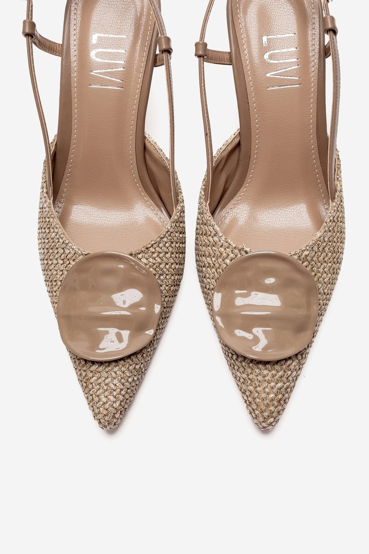 Levia - Taupe Woven-Textured Accessory-Detail Stiletto Heel Pump – side view showing leather, red, Vowalisse