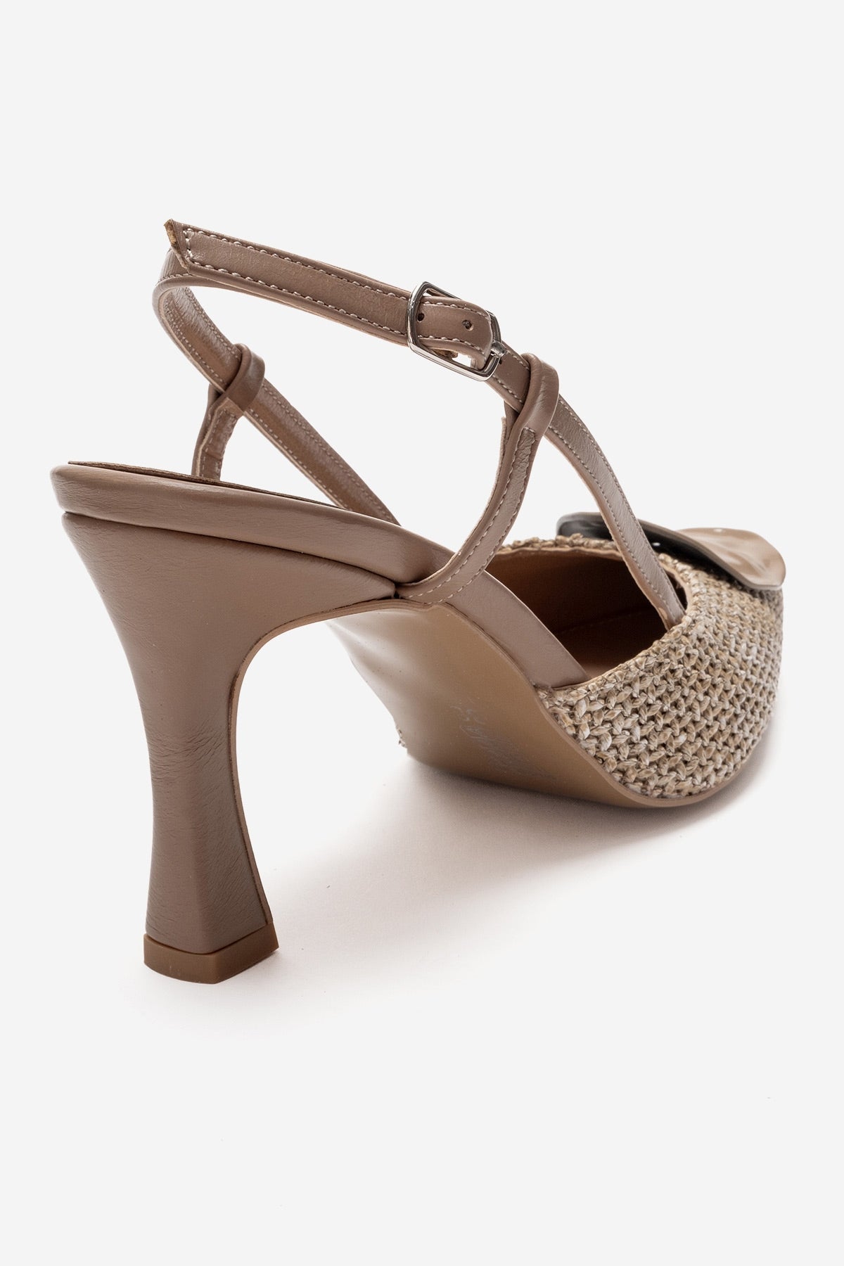 Levia - Taupe Woven-Textured Accessory-Detail Stiletto Heel Pump – back view showing leather, red, Vowalisse