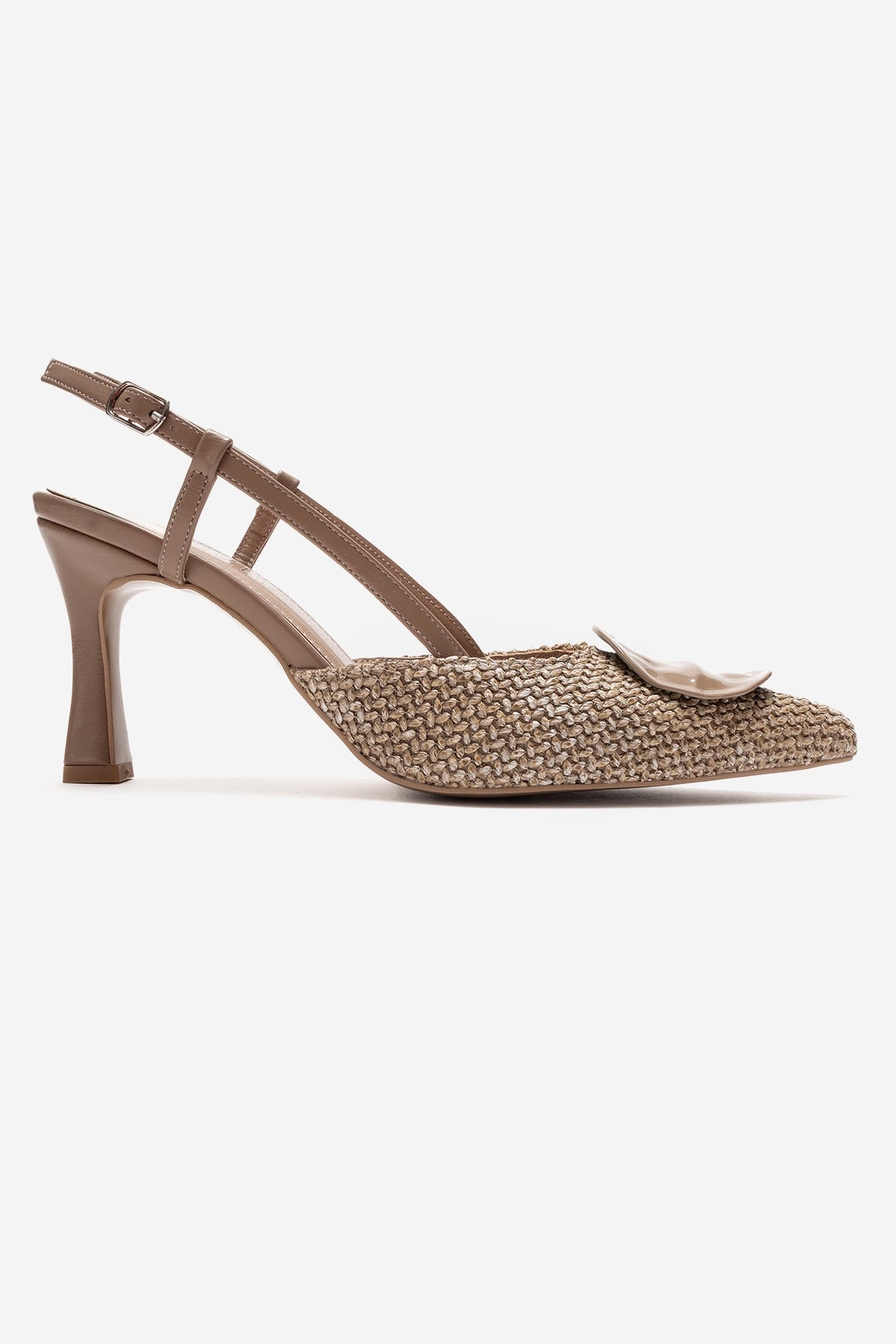 Levia - Taupe Woven-Textured Accessory-Detail Stiletto Heel Pump – top view showing leather, red, Vowalisse