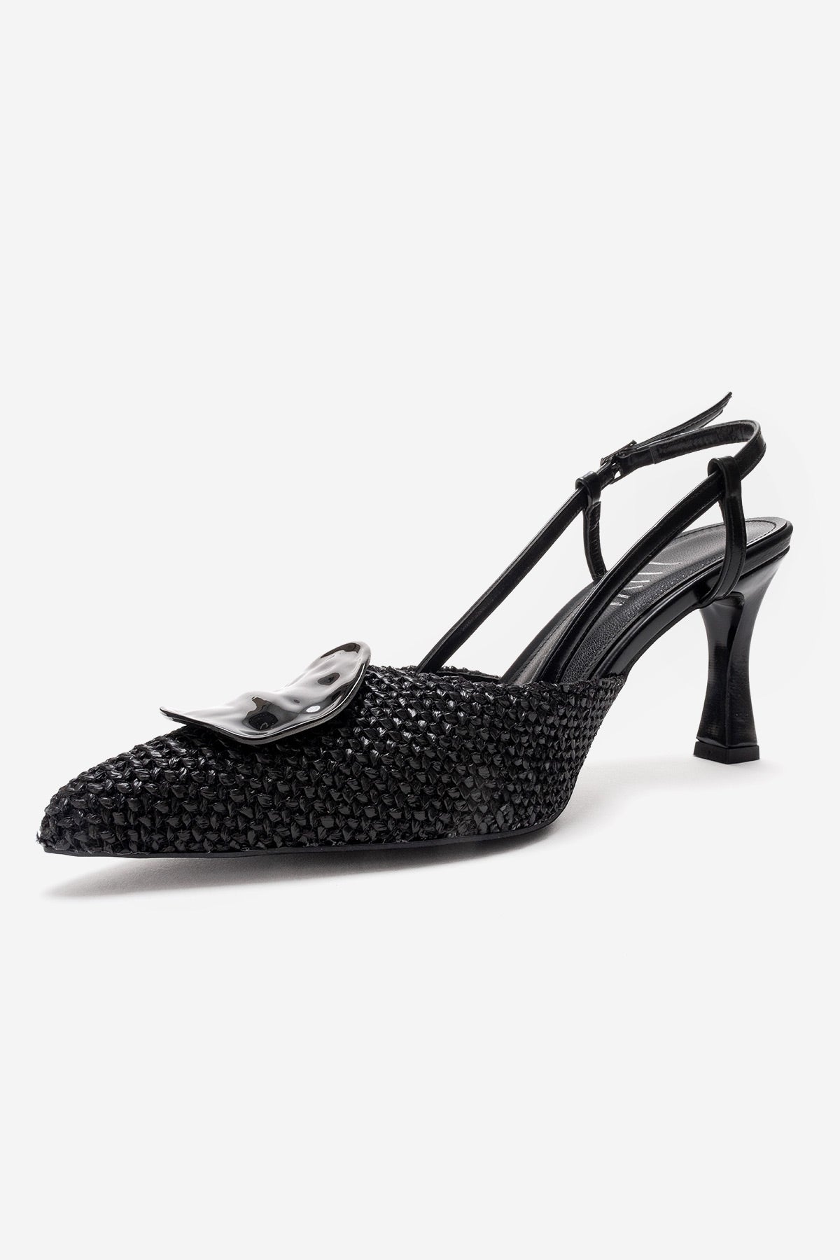 Levia - Black Woven-Textured Accessory-Detail Stiletto Heel Pump – heel view showing leather, black, red, Vowalisse