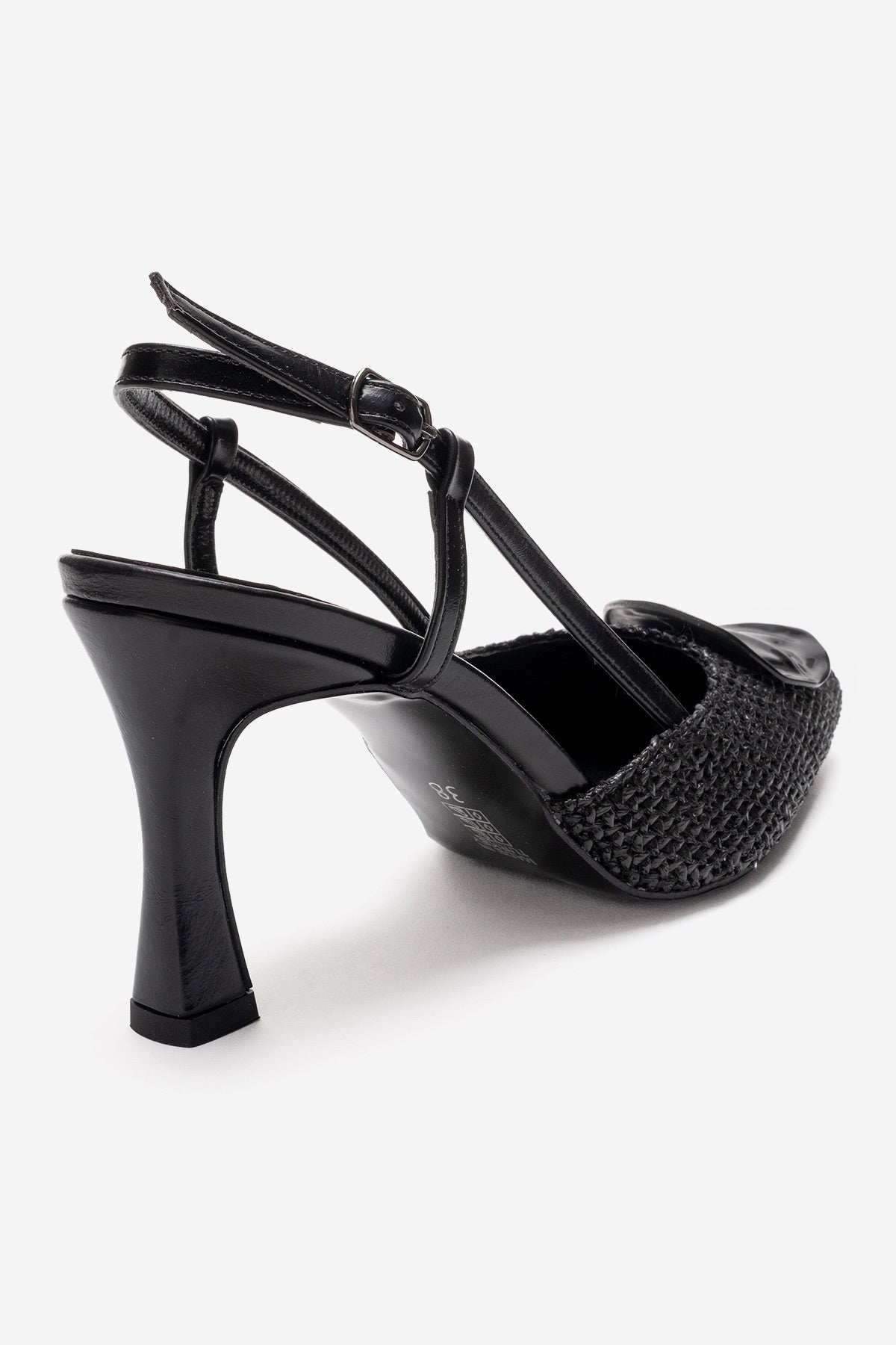 Levia - Black Woven-Textured Accessory-Detail Stiletto Heel Pump – back view showing leather, black, red, Vowalisse