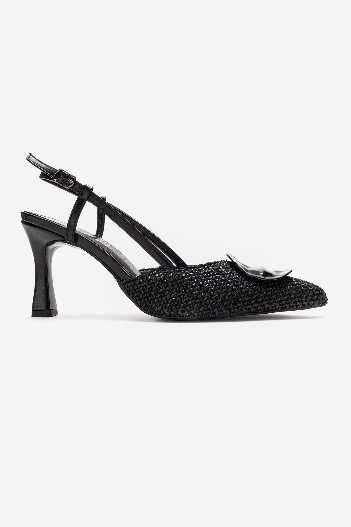 Levia - Black Woven-Textured Accessory-Detail Stiletto Heel Pump – top view showing leather, black, red, Vowalisse