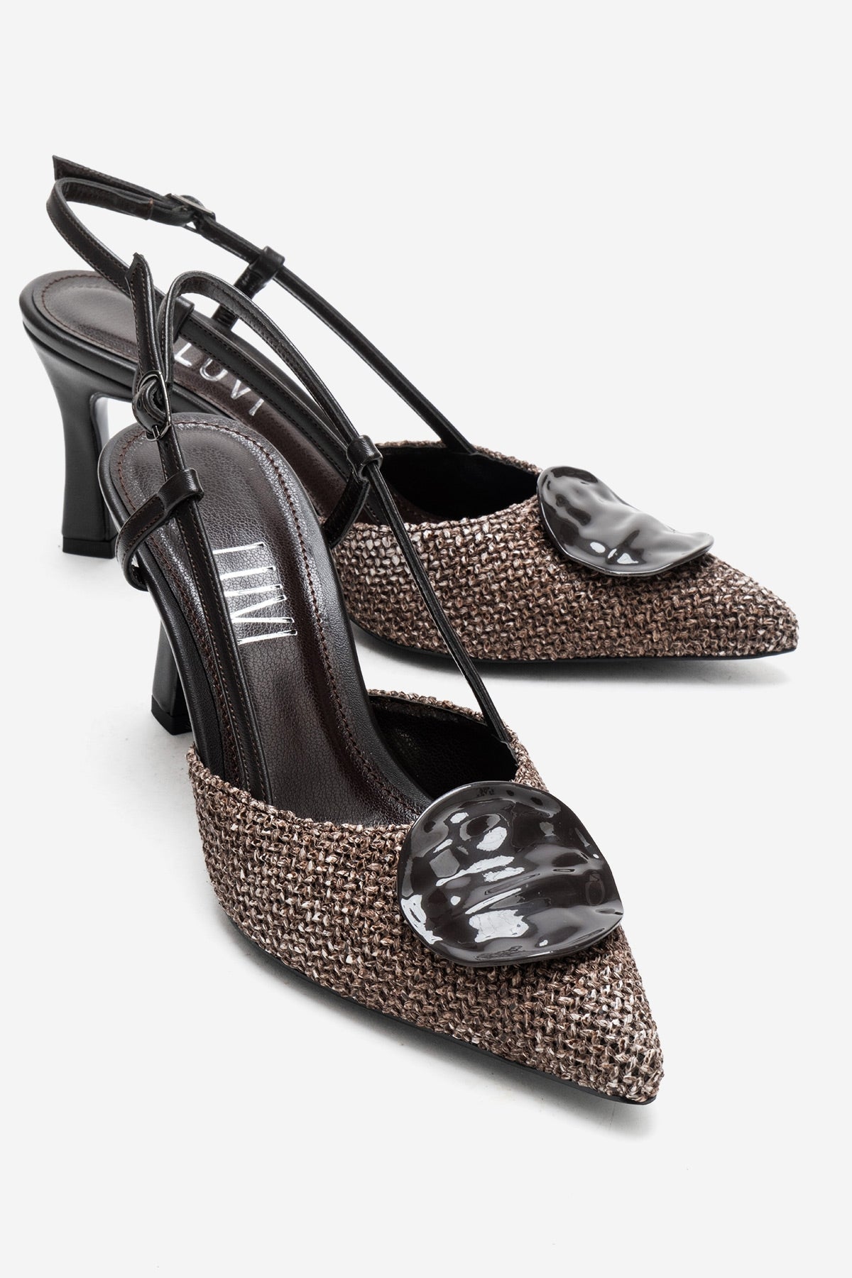 Levia - Brown Woven-Textured Accessory-Detail Stiletto Heel Pump – front three-quarter view showing leather, red, Vowalisse