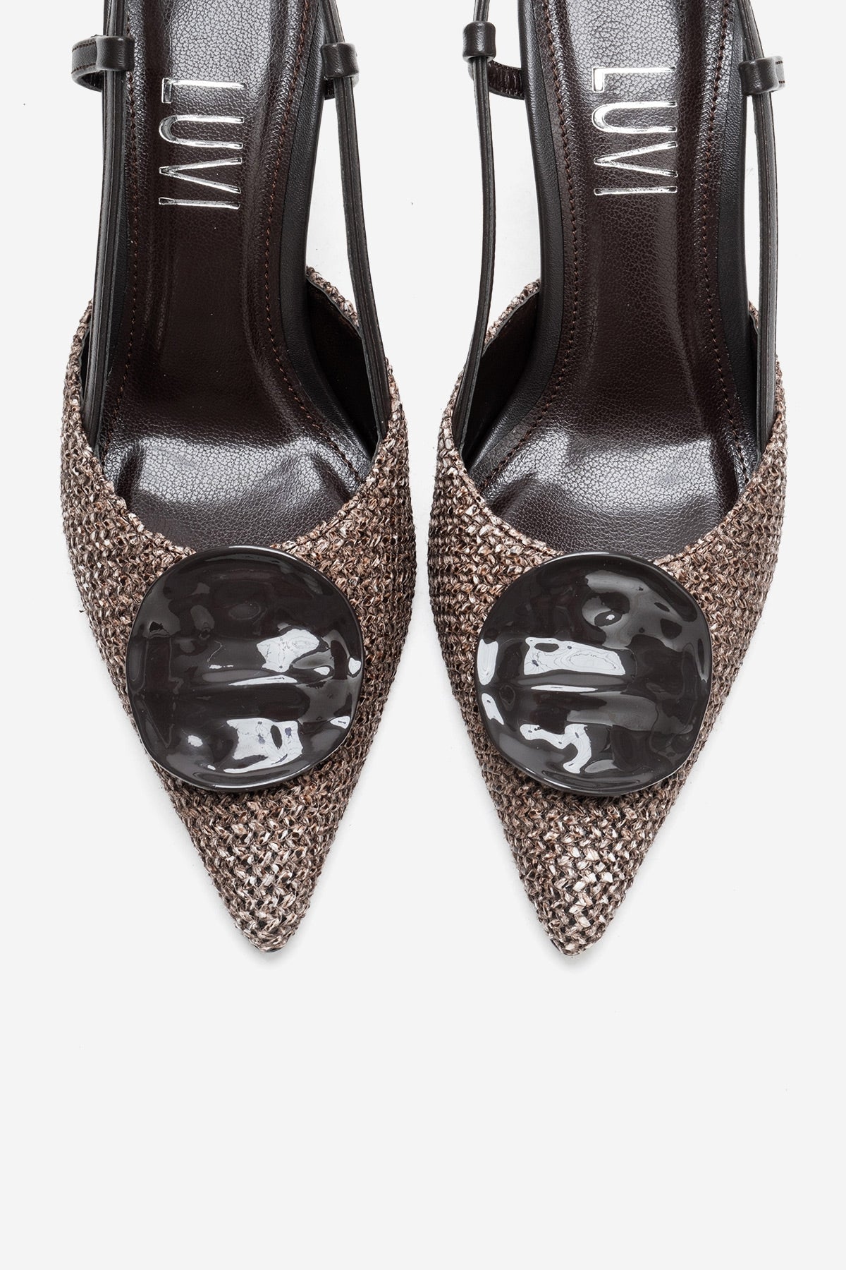 Levia - Brown Woven-Textured Accessory-Detail Stiletto Heel Pump – side view showing leather, red, Vowalisse