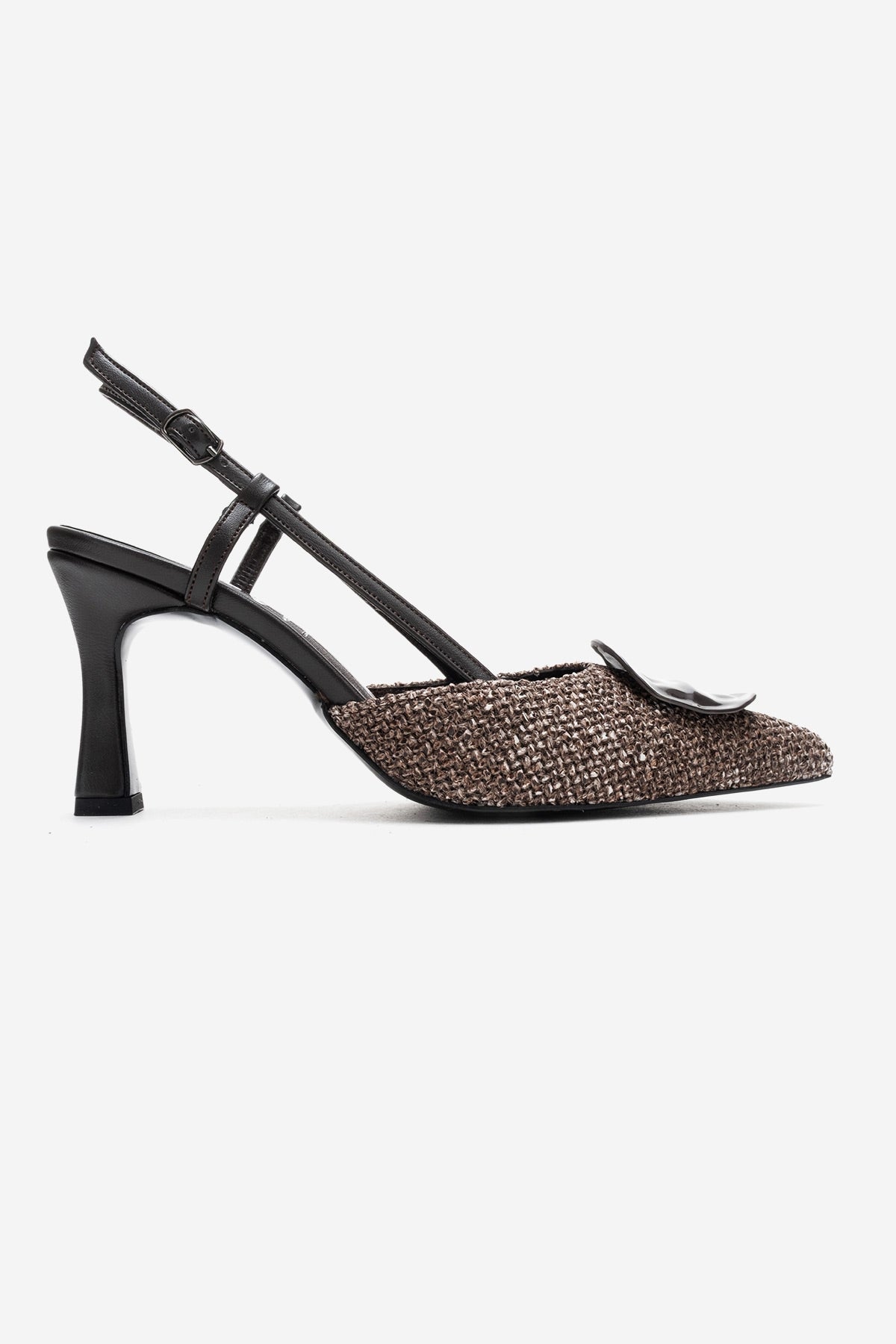 Levia - Brown Woven-Textured Accessory-Detail Stiletto Heel Pump – top view showing leather, red, Vowalisse