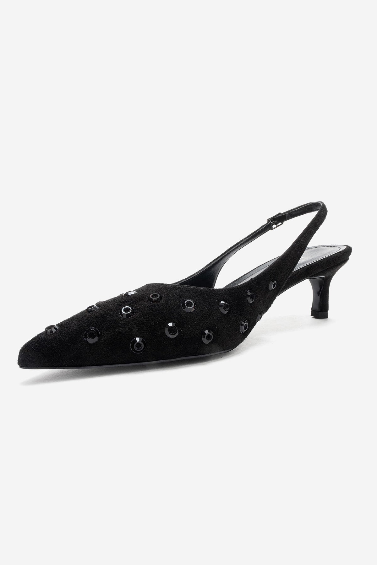 Lorex - Black Suede Embellished Stiletto Heel Pump – heel view showing leather, suede, black, Vowalisse