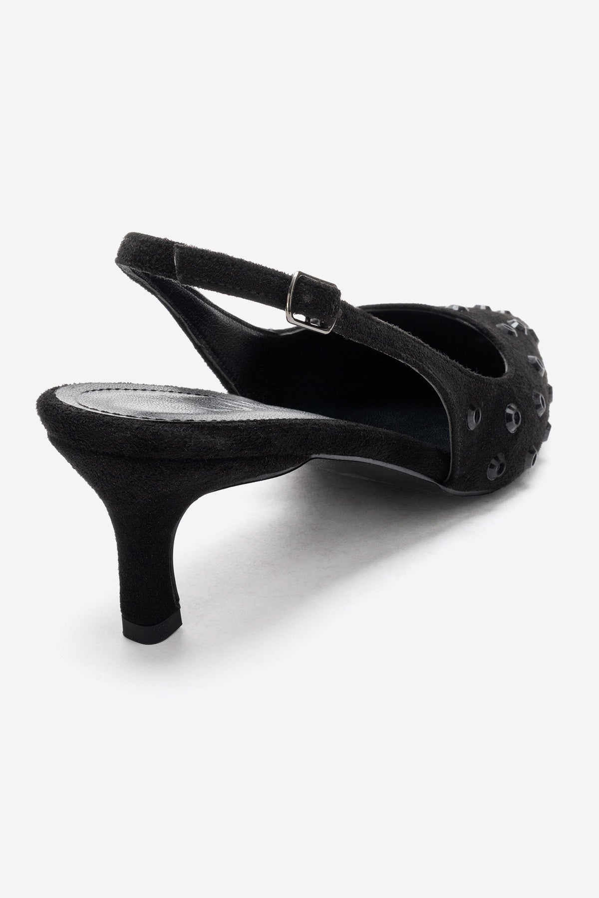 Lorex - Black Suede Embellished Stiletto Heel Pump – back view showing leather, suede, black, Vowalisse