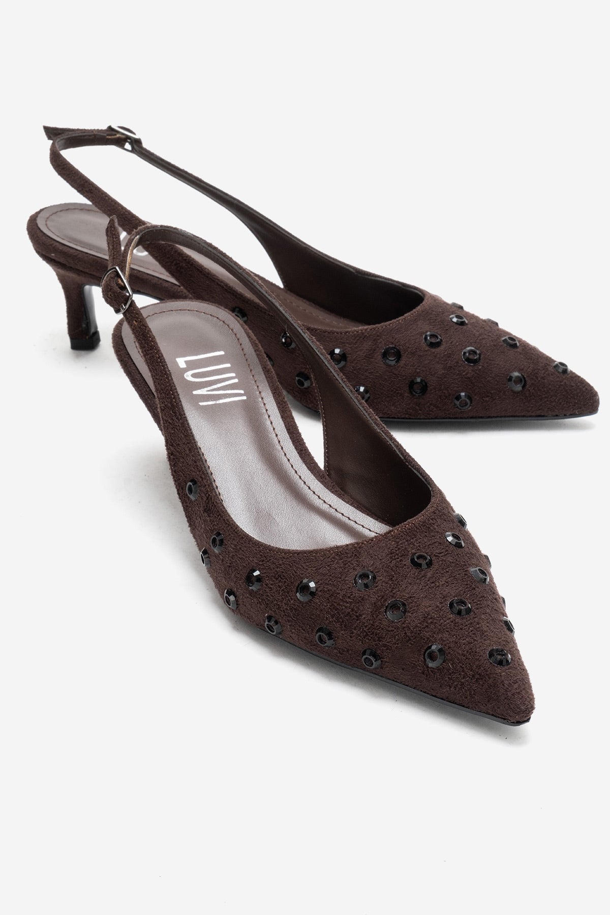 Lorex - Brown Suede Embellished Stiletto Heel Pump – front three-quarter view showing leather, suede, Vowalisse