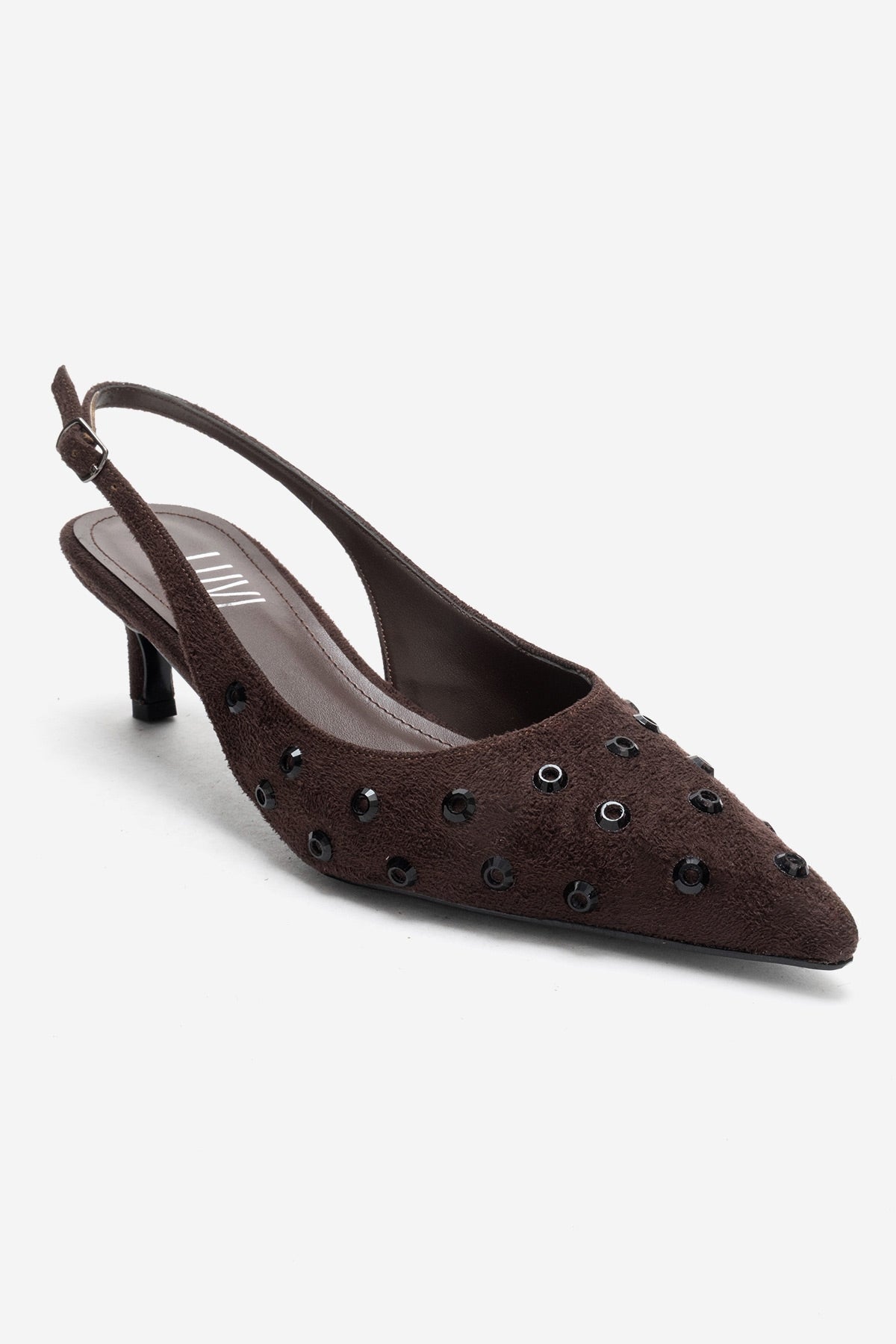 Lorex - Brown Suede Embellished Stiletto Heel Pump – detail view showing leather, suede, Vowalisse
