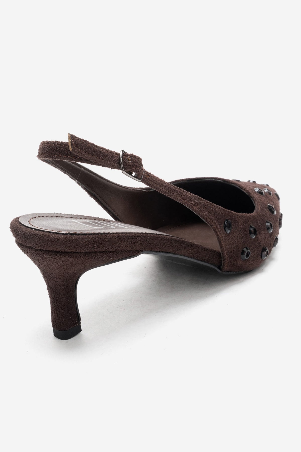 Lorex - Brown Suede Embellished Stiletto Heel Pump – heel view showing leather, suede, Vowalisse