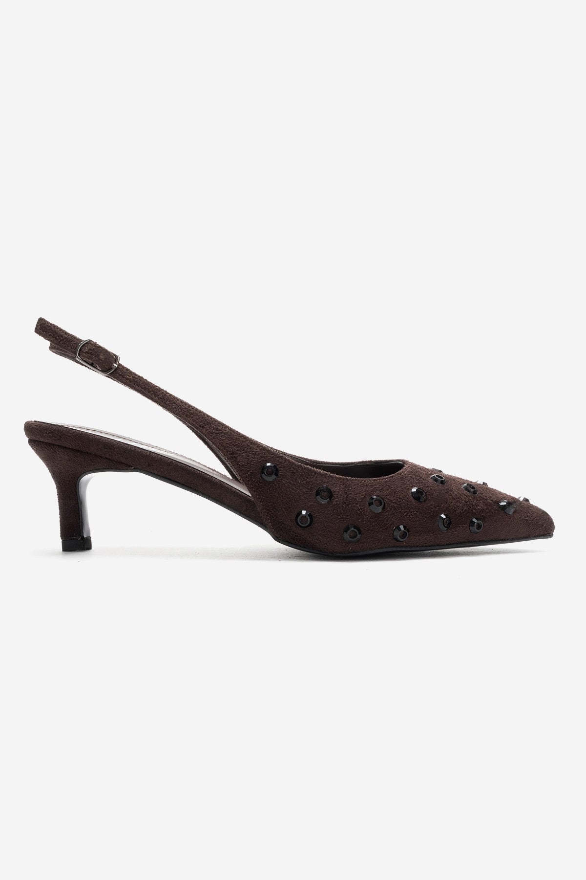 Lorex - Brown Suede Embellished Stiletto Heel Pump – back view showing leather, suede, Vowalisse