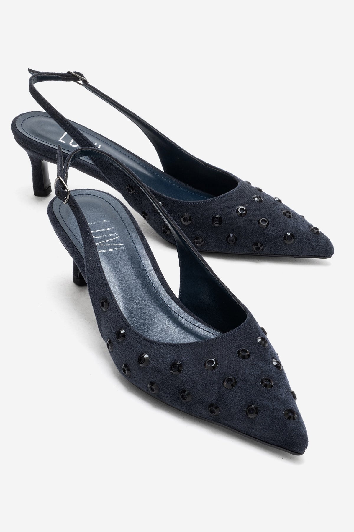 LOREX - Navy Stiletto Pump – front three-quarter view showing crystal, leather, suede, Vowalisse