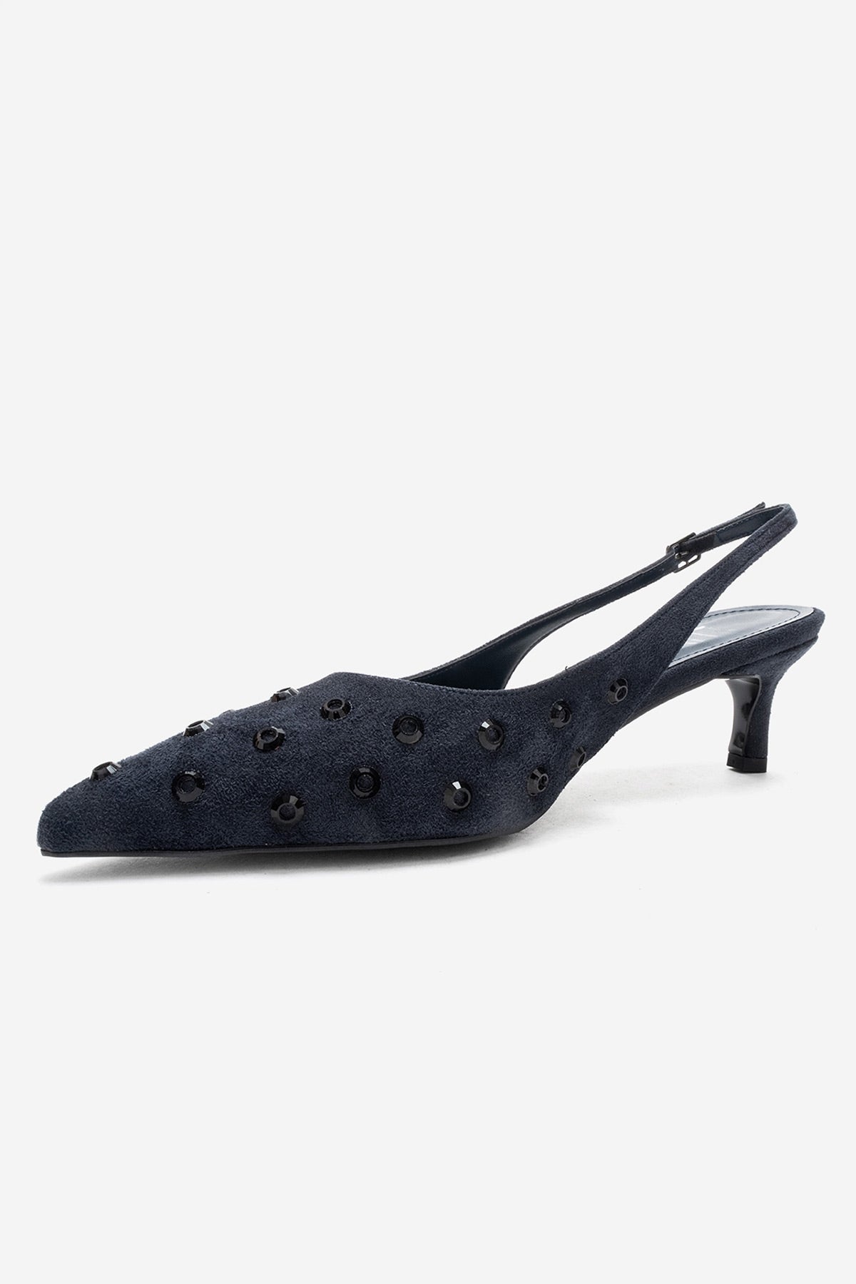 LOREX - Navy Stiletto Pump – heel view showing crystal, leather, suede, Vowalisse
