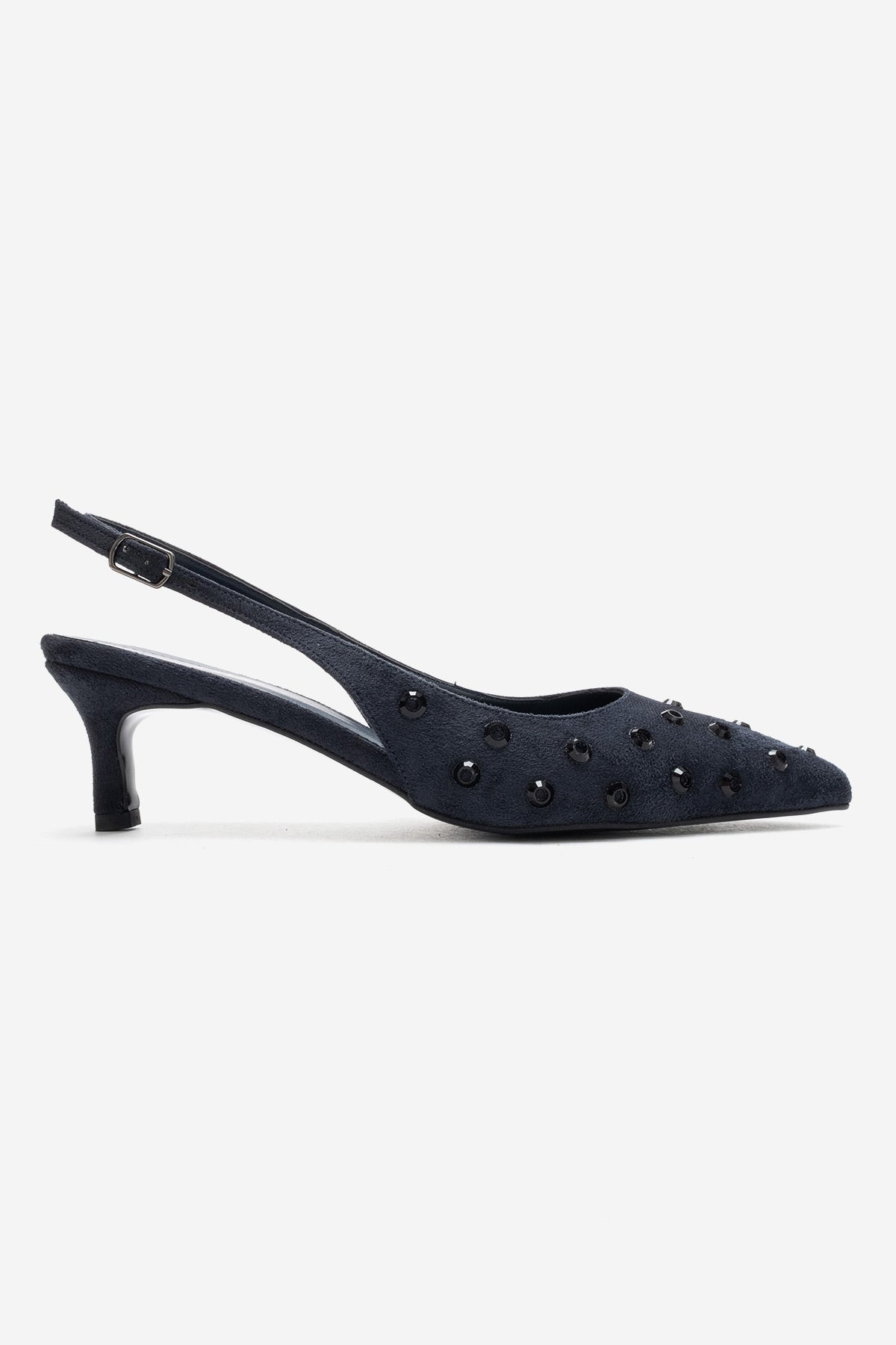 LOREX - Navy Stiletto Pump – top view showing crystal, leather, suede, Vowalisse