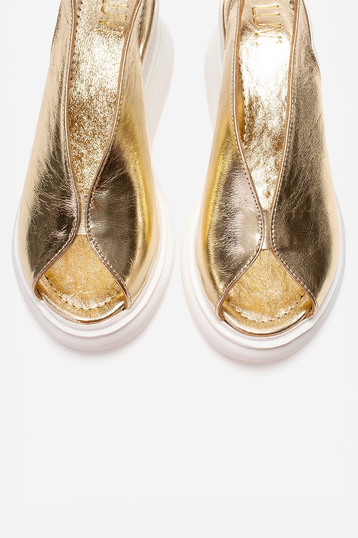 SAM - Gold Genuine Leather Platform Wedge Sandal – side view showing leather, gold, Vowalisse