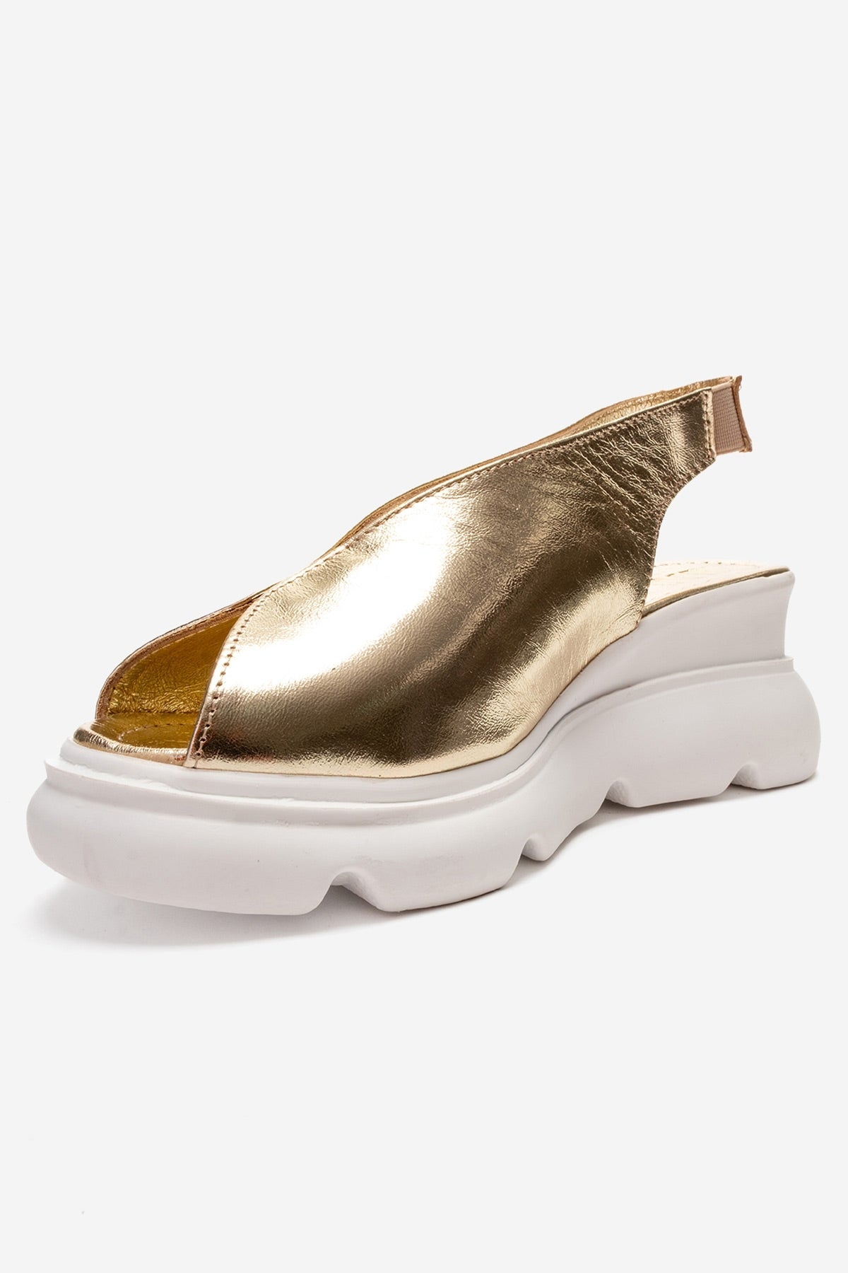 SAM - Gold Genuine Leather Platform Wedge Sandal – heel view showing leather, gold, Vowalisse