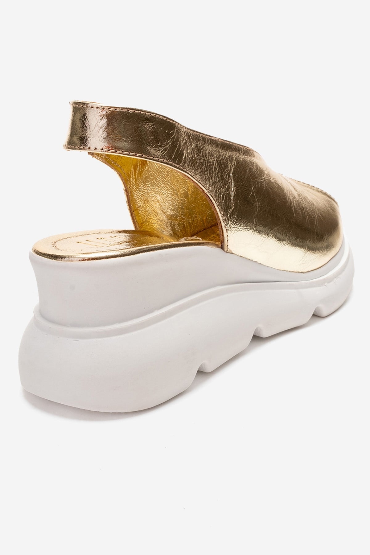 SAM - Gold Genuine Leather Platform Wedge Sandal – back view showing leather, gold, Vowalisse