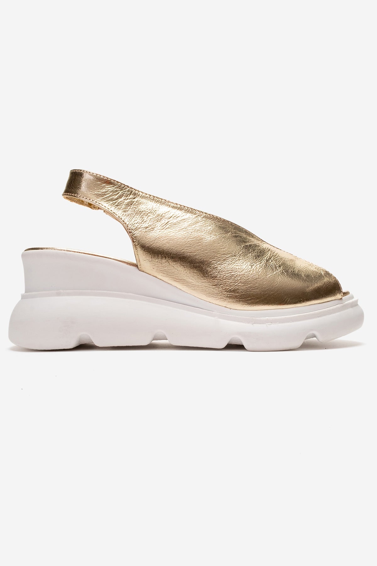 SAM - Gold Genuine Leather Platform Wedge Sandal – top view showing leather, gold, Vowalisse