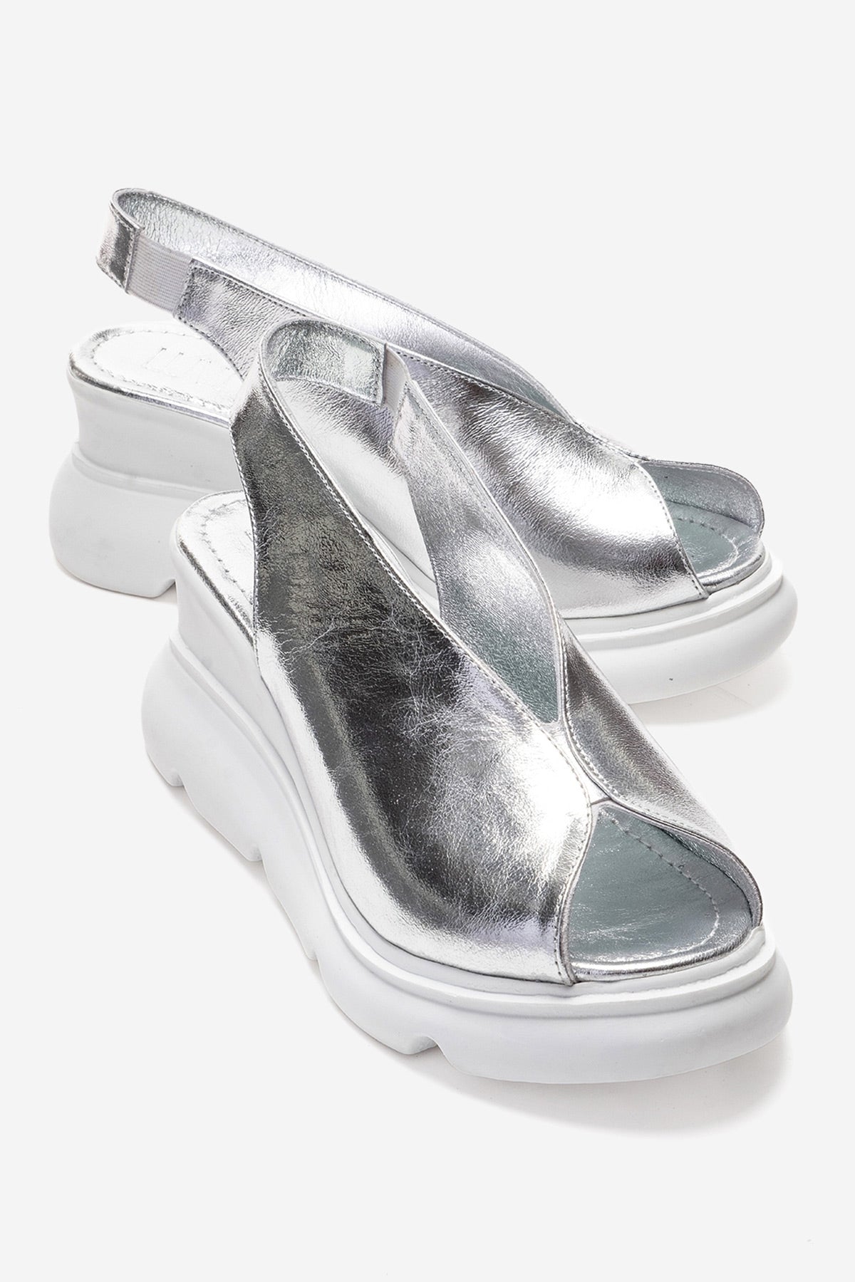 SAM - Silver Genuine Leather Wedge Sandal – front three-quarter view showing leather, metallic, silver, Vowalisse