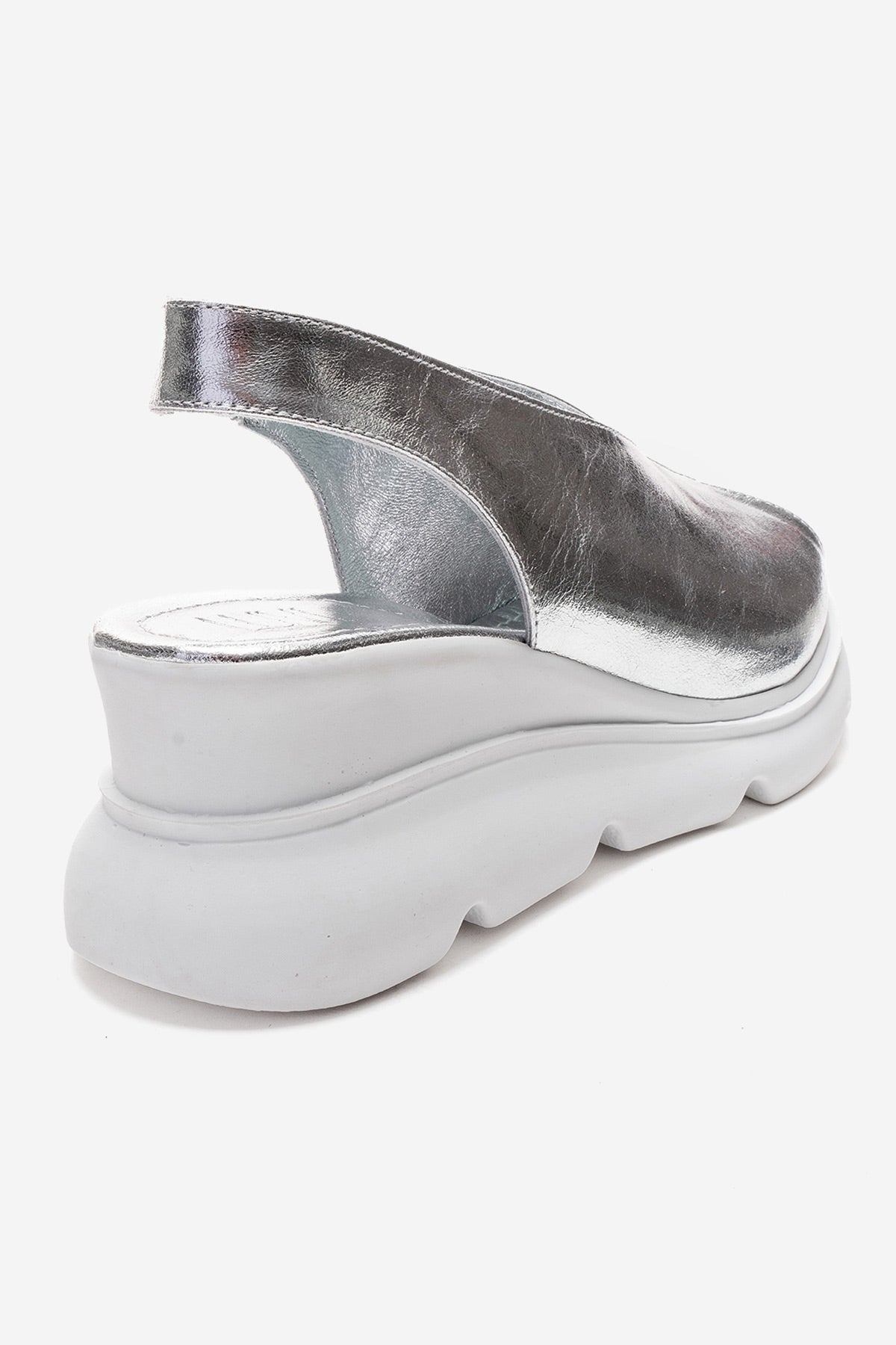 SAM - Silver Genuine Leather Wedge Sandal – back view showing leather, metallic, silver, Vowalisse