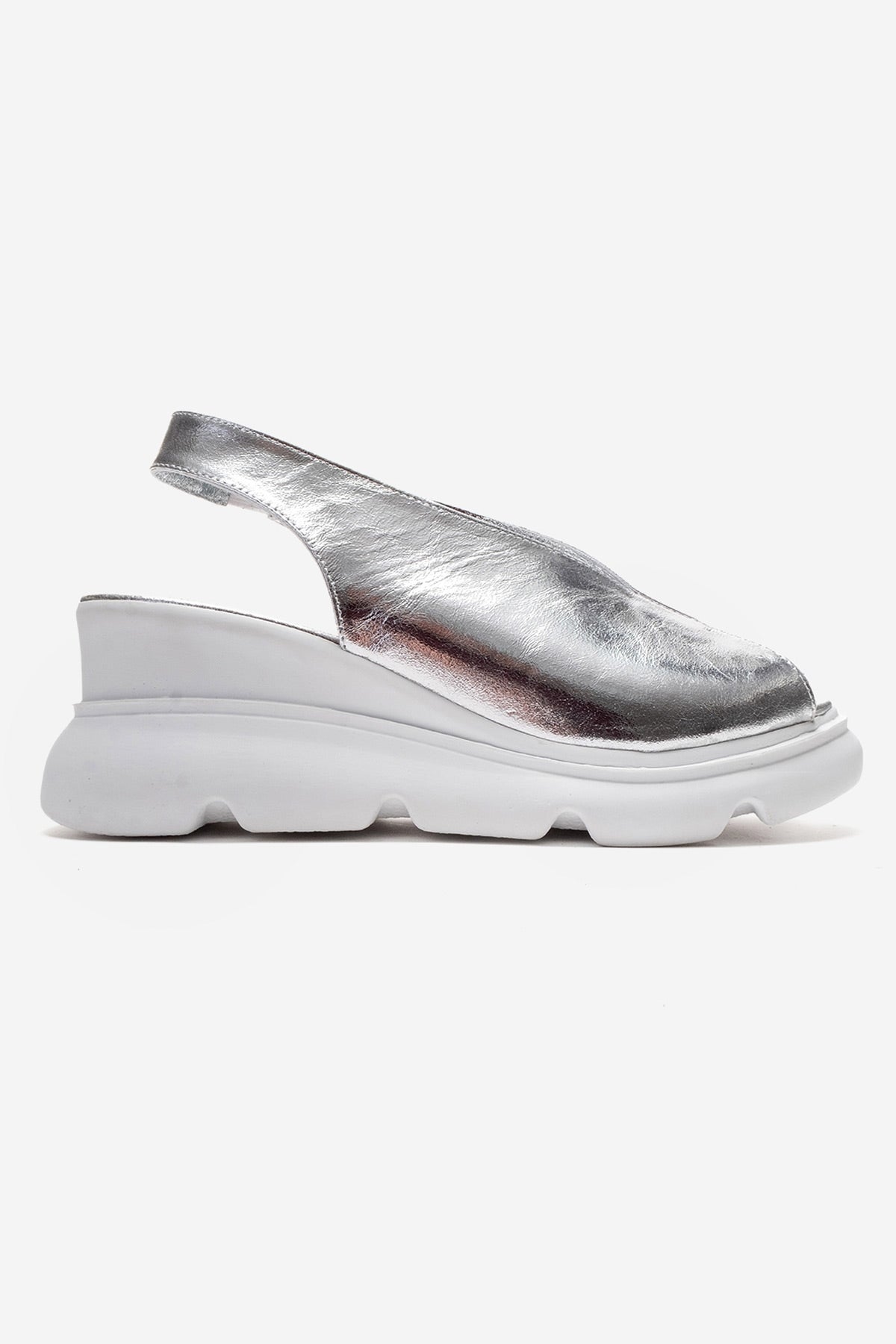 SAM - Silver Genuine Leather Wedge Sandal – top view showing leather, metallic, silver, Vowalisse
