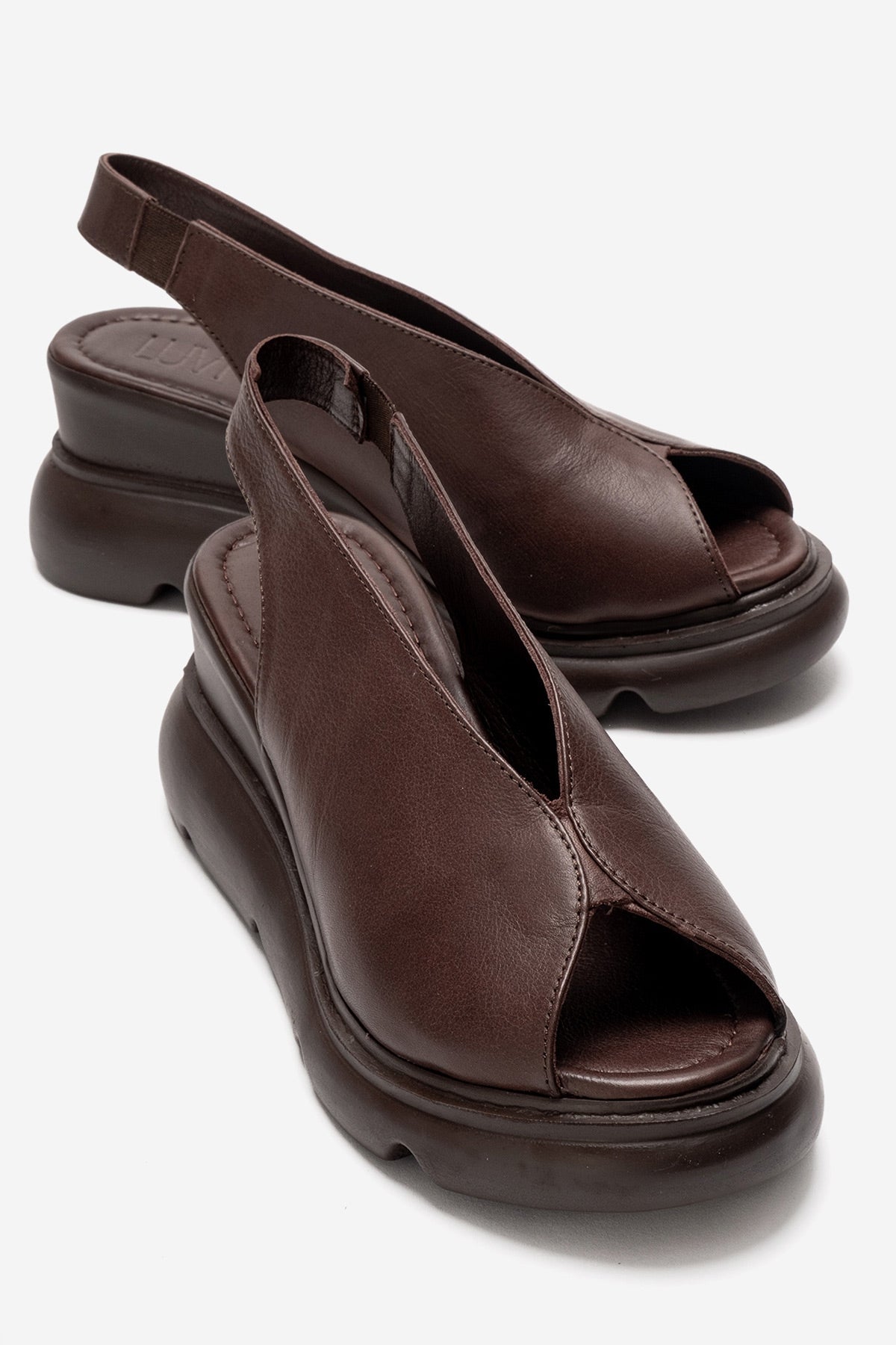 SAM - Brown Genuine Leather Wedge Sandal – front three-quarter view showing leather, Vowalisse
