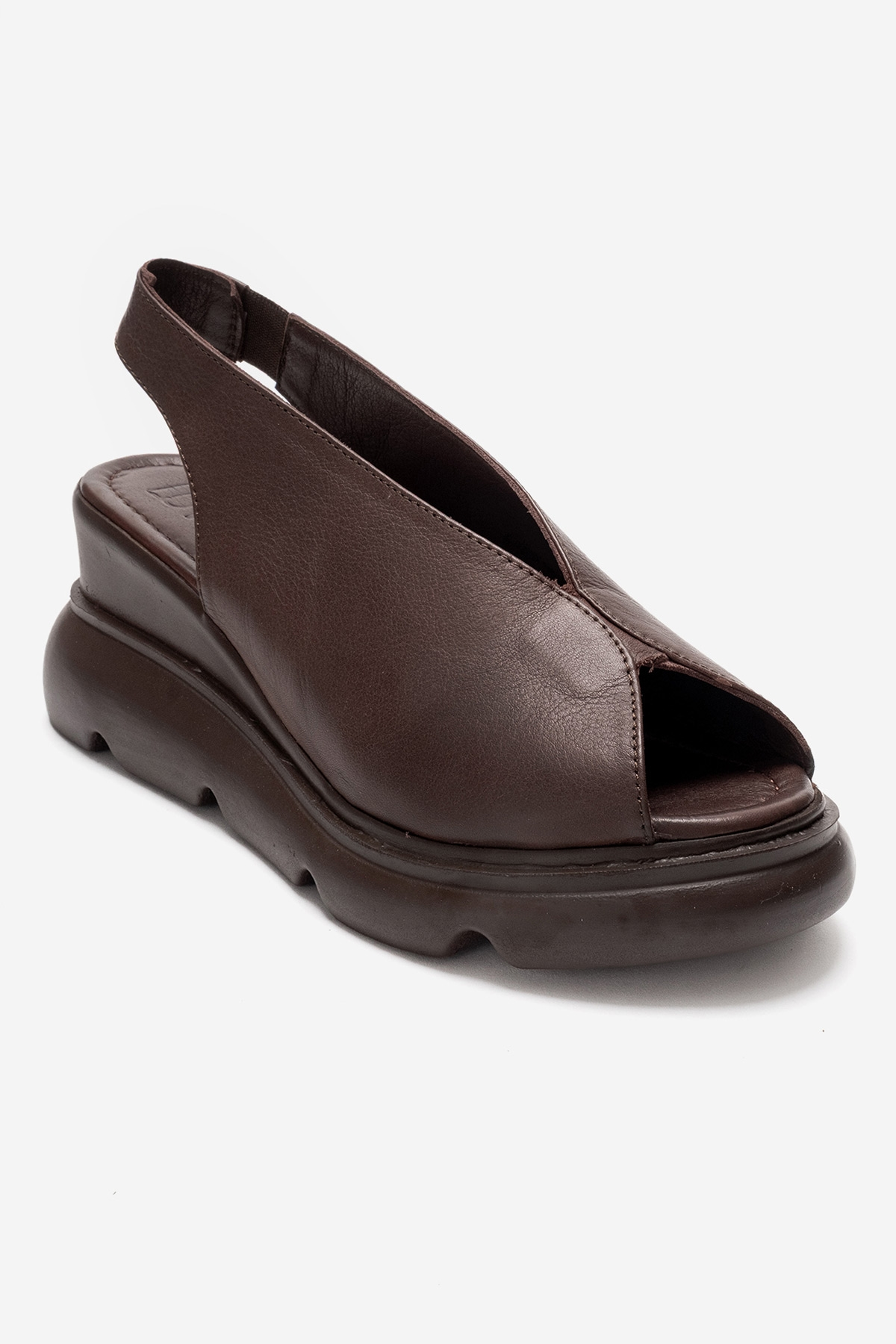 SAM - Brown Genuine Leather Wedge Sandal – detail view showing leather, Vowalisse